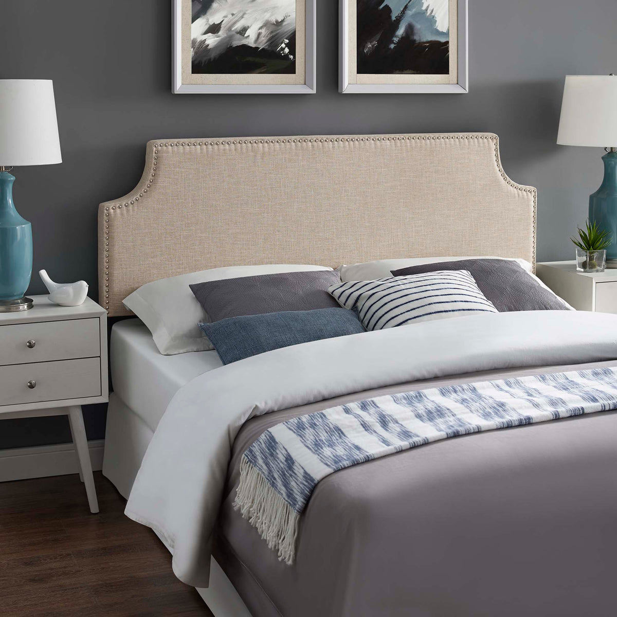 Laura Beige Upholstered Fabric Queen Headboard - Ornate Home