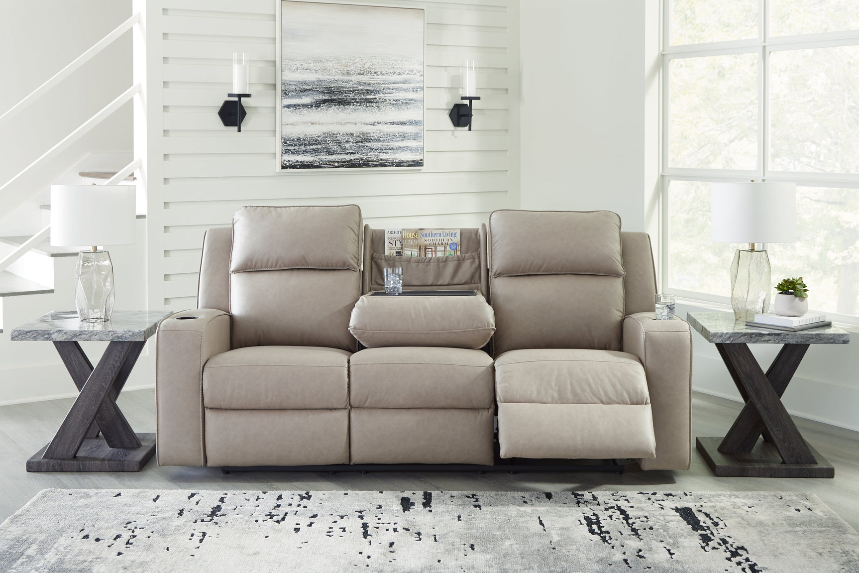 Lavenhorne Pebble Reclining Sofa with Drop Down Table (Online Special Price) - Ornate Home