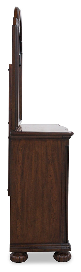 Lavinton Brown Queen Poster Bedroom Set with Dresser, Mirror, Chest and 2 Nightstands - Ornate Home