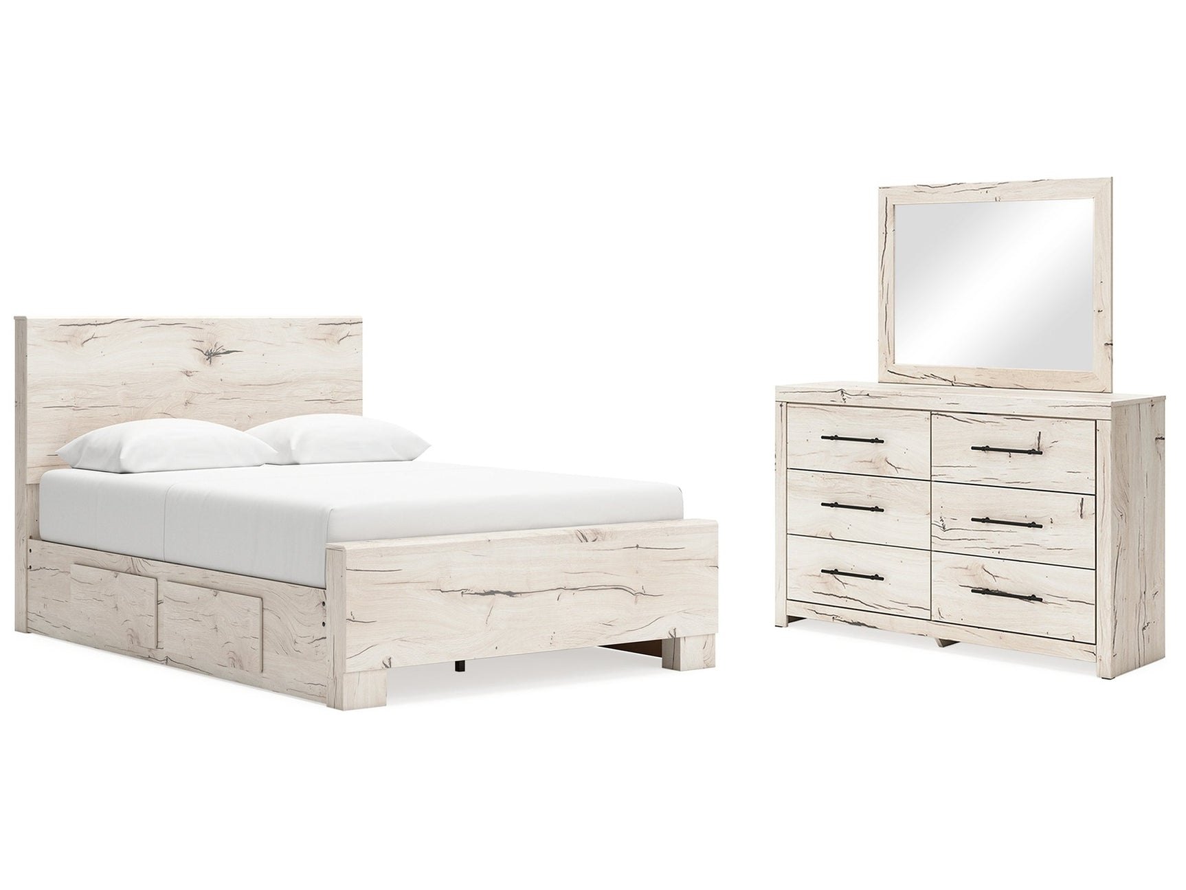 Lawroy Light Natural Queen Panel Bed w/4 Storage & Dresser & Mirror - Ornate Home