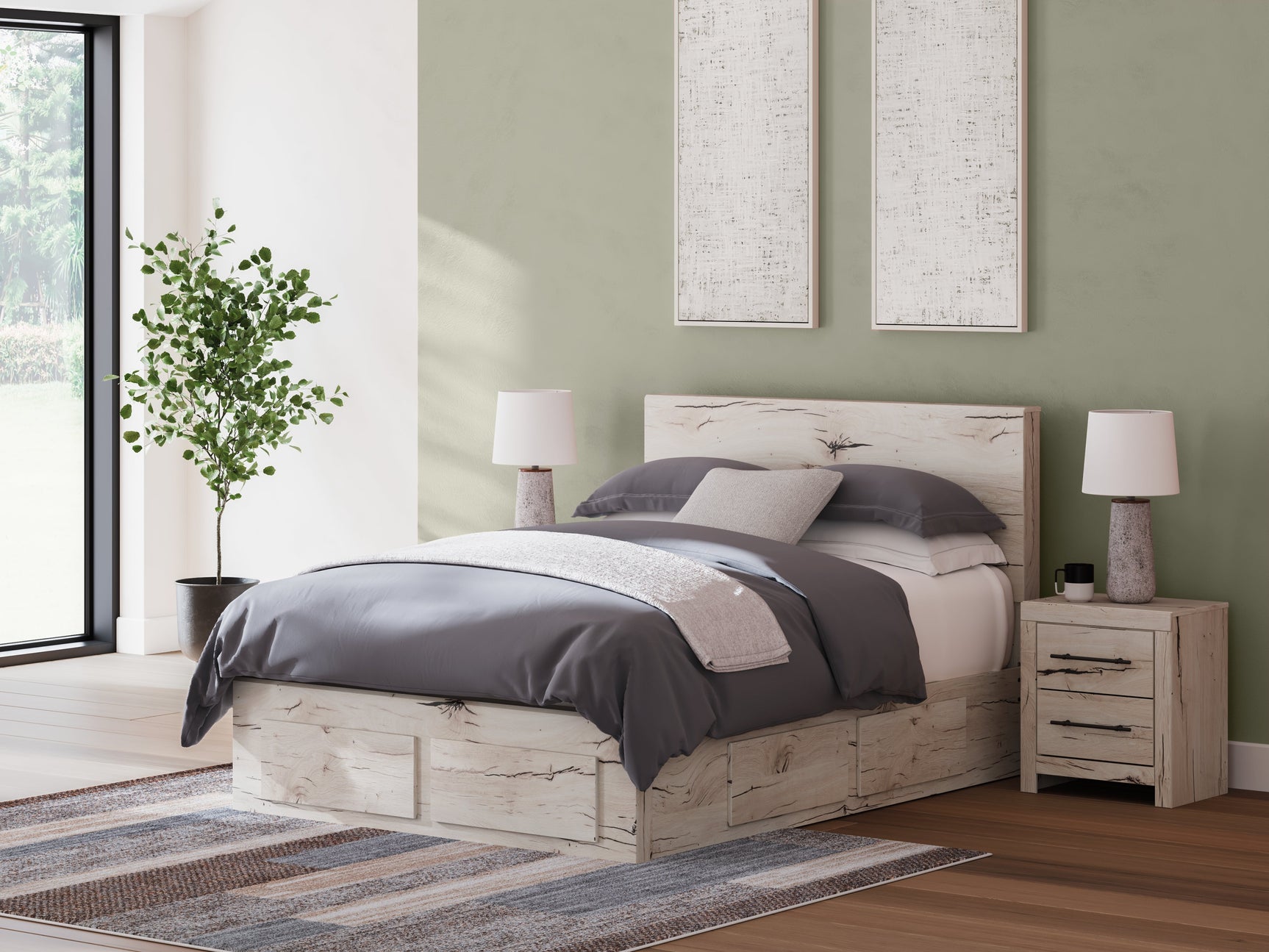 Lawroy Light Natural Queen Panel Bed with Storage Footboard, 2 Under Bed Storage Units (Online Special Price) - Ornate Home