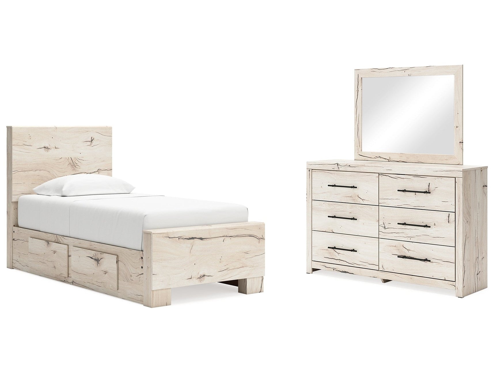 Lawroy Light Natural Twin Panel Bed w/Storage & Dresser & Mirror (Online Special Price) - Ornate Home