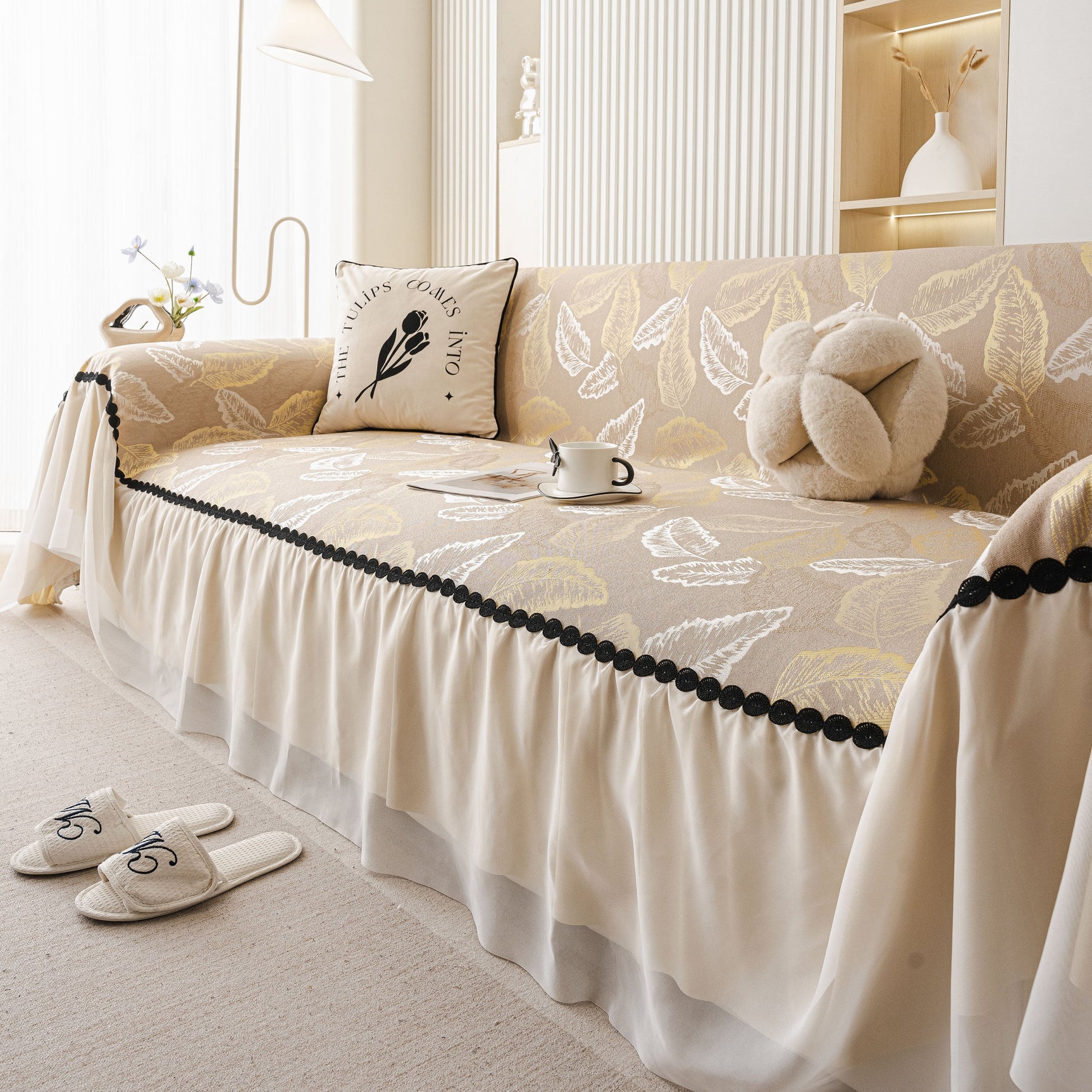 Leaf Jacquard Sofa Cover with Ruffle Skirt – Non-Slip Couch Protector with Sheer Hem - Ornate Home
