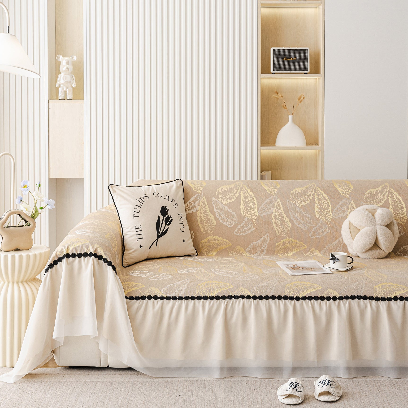 Leaf Jacquard Sofa Cover with Ruffle Skirt – Non-Slip Couch Protector with Sheer Hem - Ornate Home