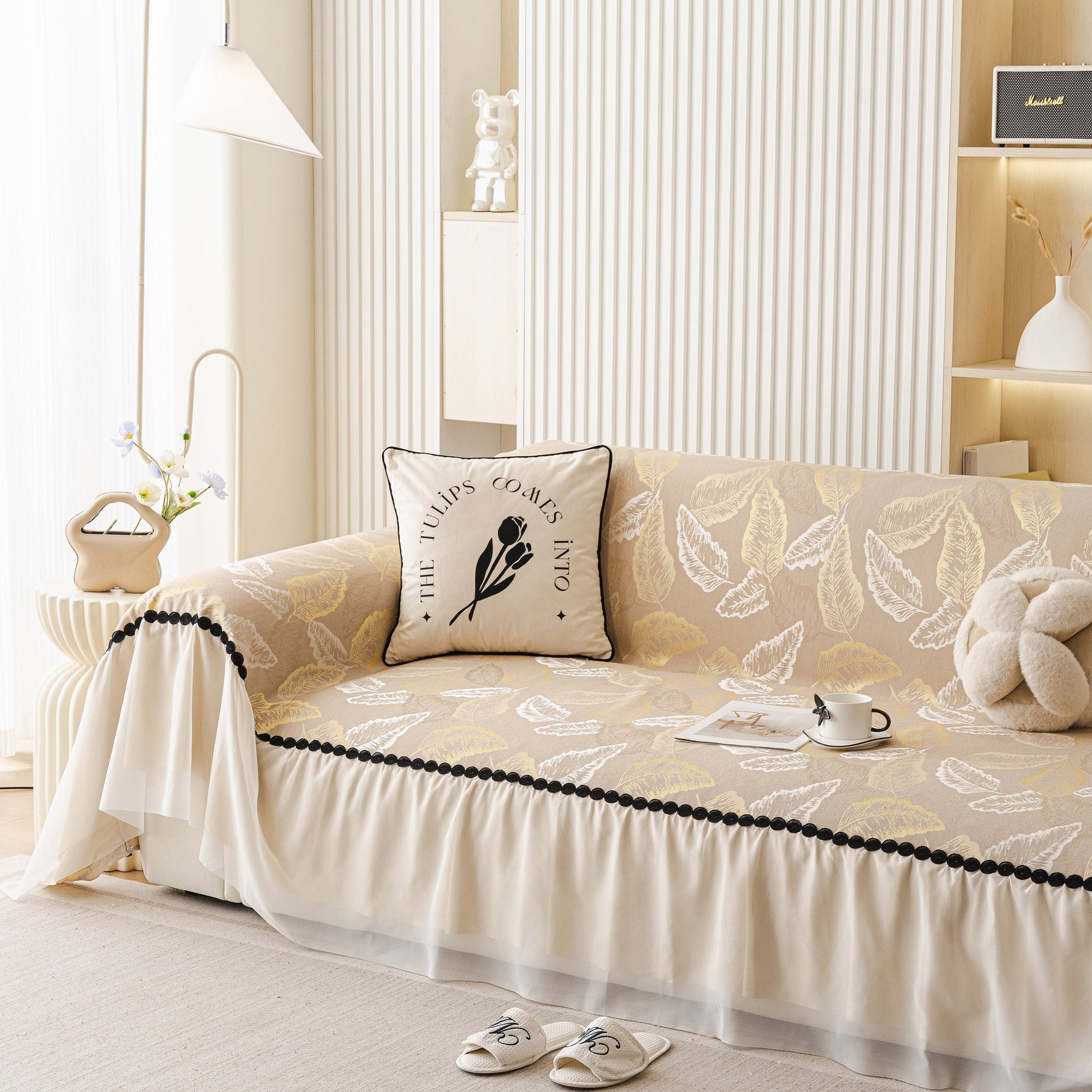 Leaf Jacquard Sofa Cover with Ruffle Skirt – Non-Slip Couch Protector with Sheer Hem - Ornate Home