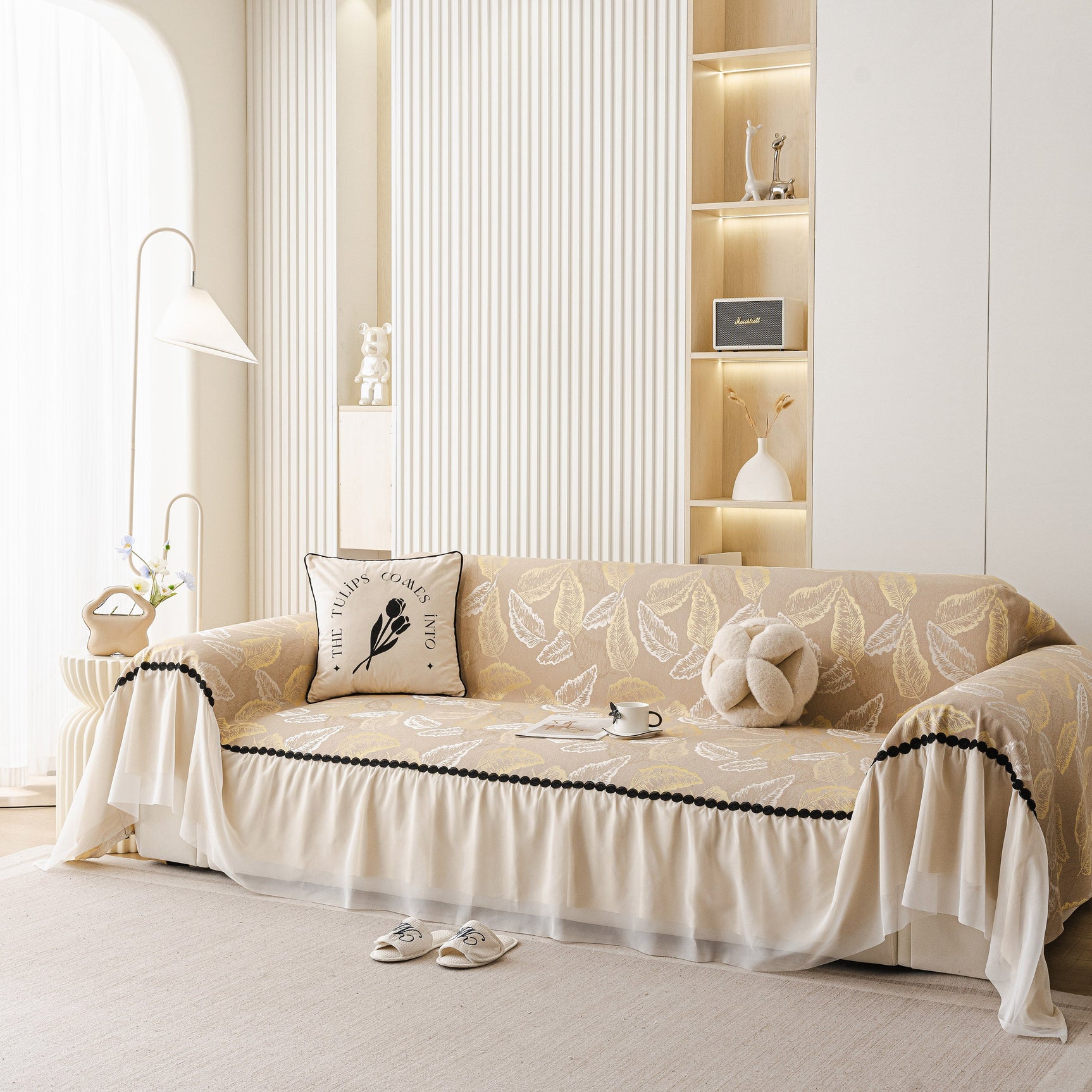 Leaf Jacquard Sofa Cover with Ruffle Skirt – Non-Slip Couch Protector with Sheer Hem - Ornate Home