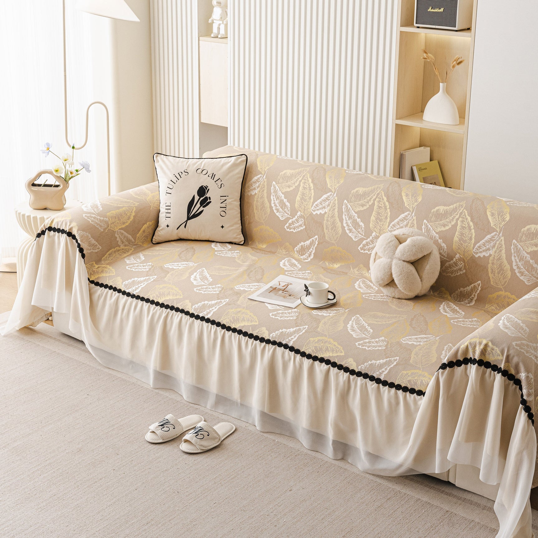 Leaf Jacquard Sofa Cover with Ruffle Skirt – Non-Slip Couch Protector with Sheer Hem - Ornate Home