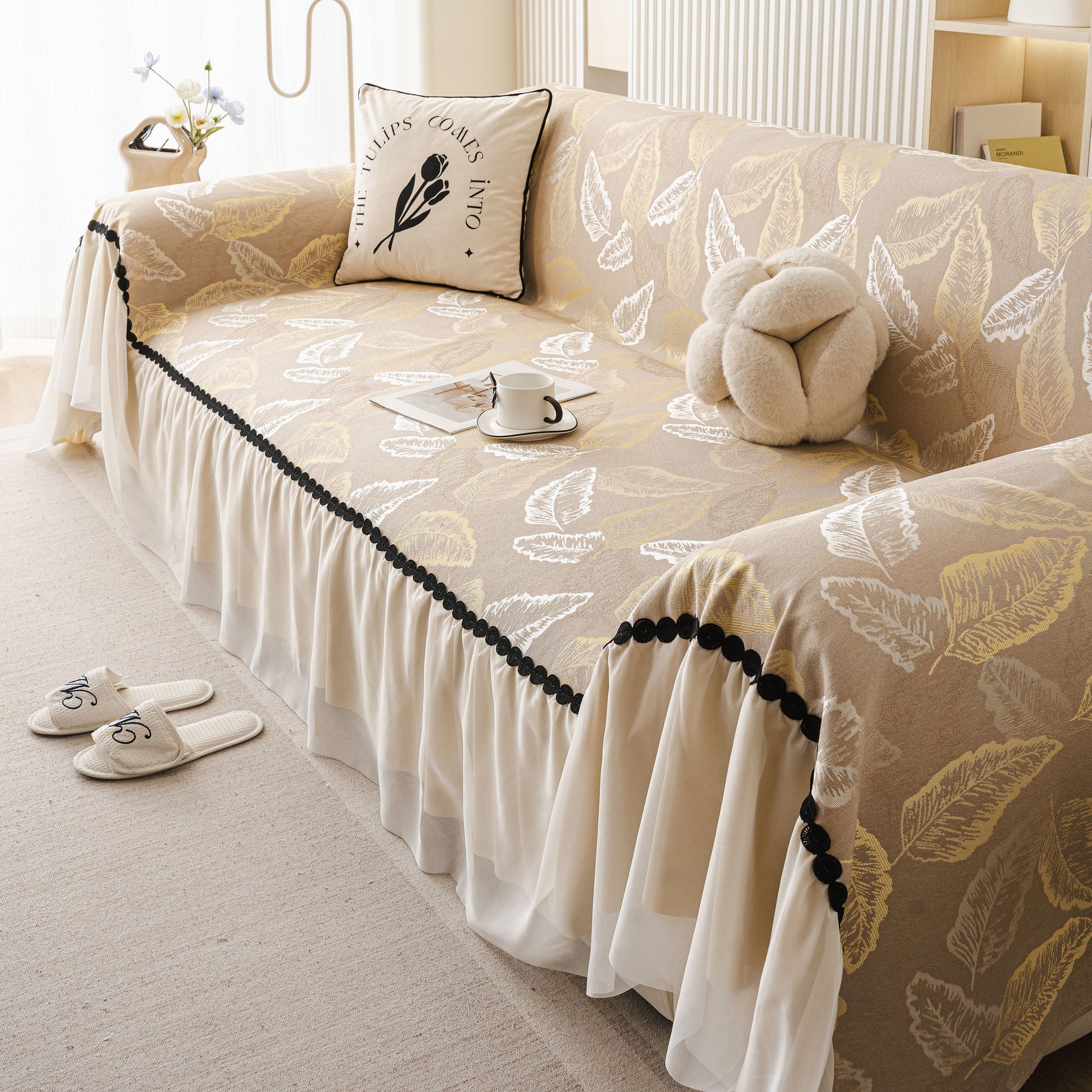 Leaf Jacquard Sofa Cover with Ruffle Skirt – Non-Slip Couch Protector with Sheer Hem - Ornate Home