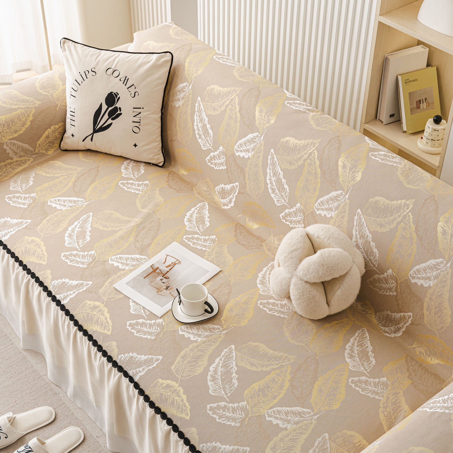 Leaf Jacquard Sofa Cover with Ruffle Skirt – Non-Slip Couch Protector with Sheer Hem - Ornate Home