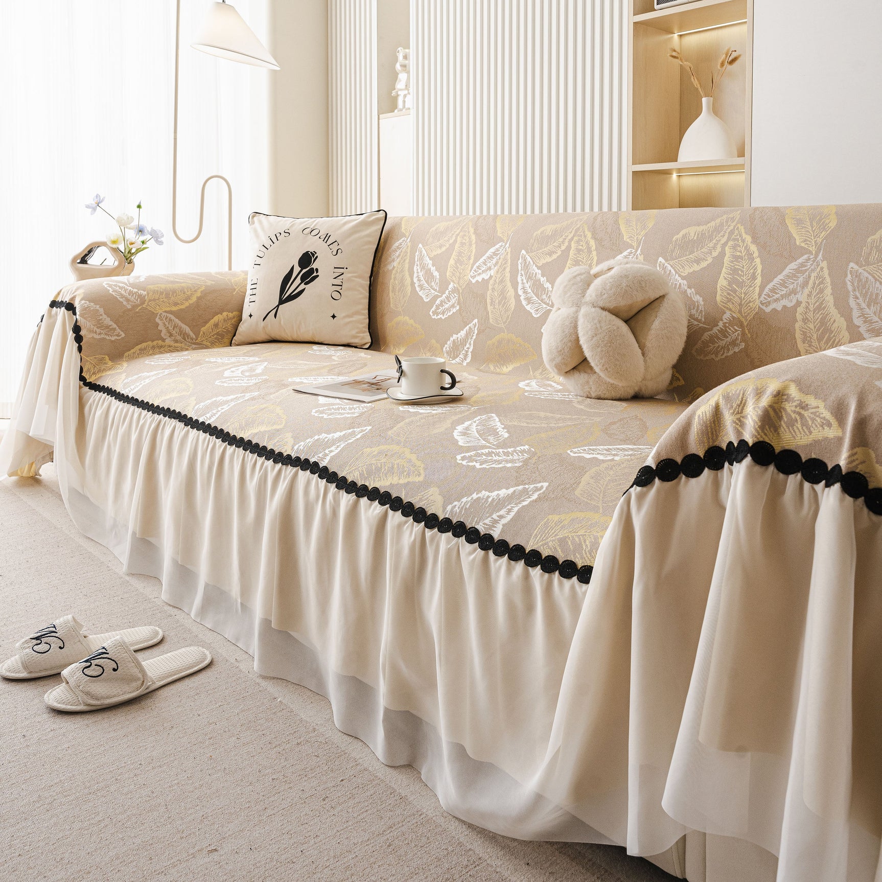 Leaf Jacquard Sofa Cover with Ruffle Skirt – Non-Slip Couch Protector with Sheer Hem - Ornate Home