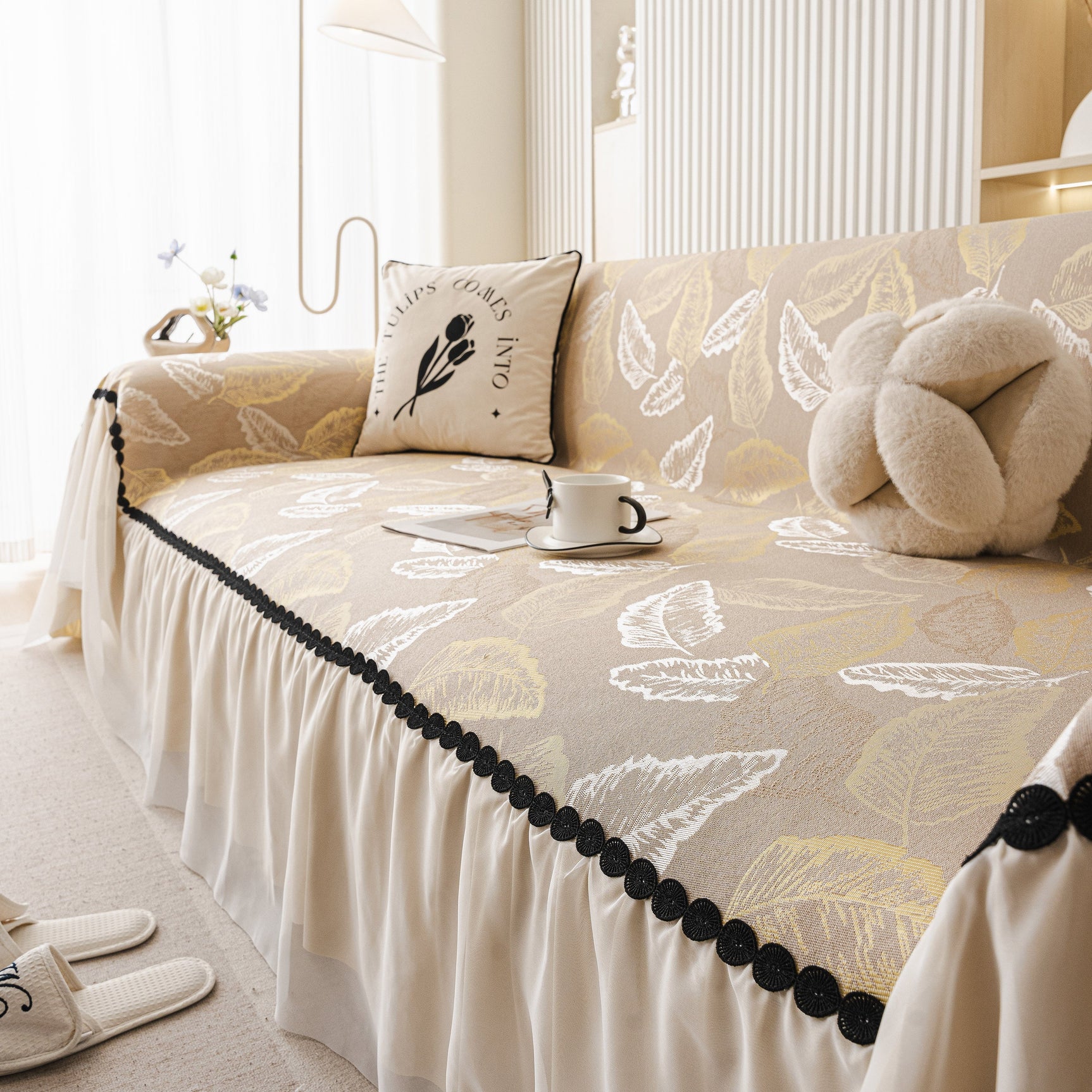 Leaf Jacquard Sofa Cover with Ruffle Skirt – Non-Slip Couch Protector with Sheer Hem - Ornate Home