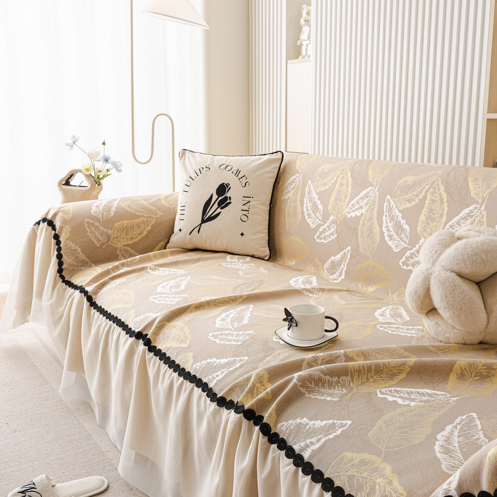Leaf Jacquard Sofa Cover with Ruffle Skirt – Non-Slip Couch Protector with Sheer Hem - Ornate Home