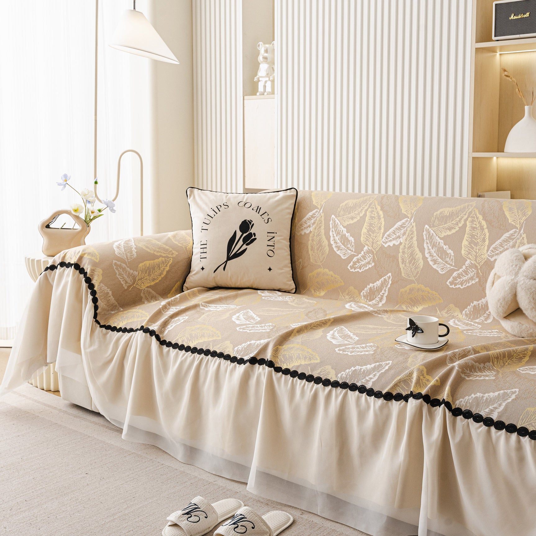 Leaf Jacquard Sofa Cover with Ruffle Skirt – Non-Slip Couch Protector with Sheer Hem - Ornate Home