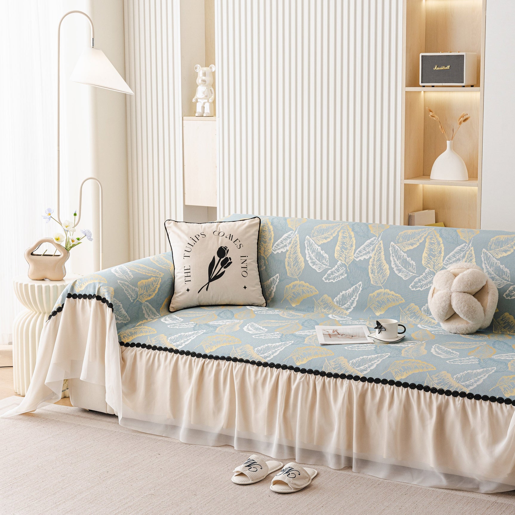Leaf Jacquard Sofa Cover with Ruffle Skirt – Non-Slip Couch Protector with Sheer Hem - Ornate Home