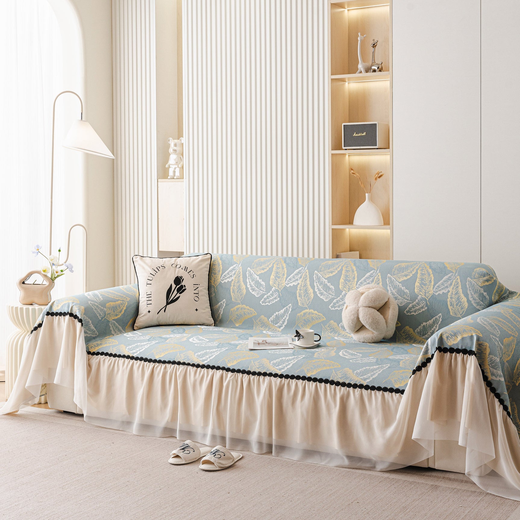 Leaf Jacquard Sofa Cover with Ruffle Skirt – Non-Slip Couch Protector with Sheer Hem - Ornate Home