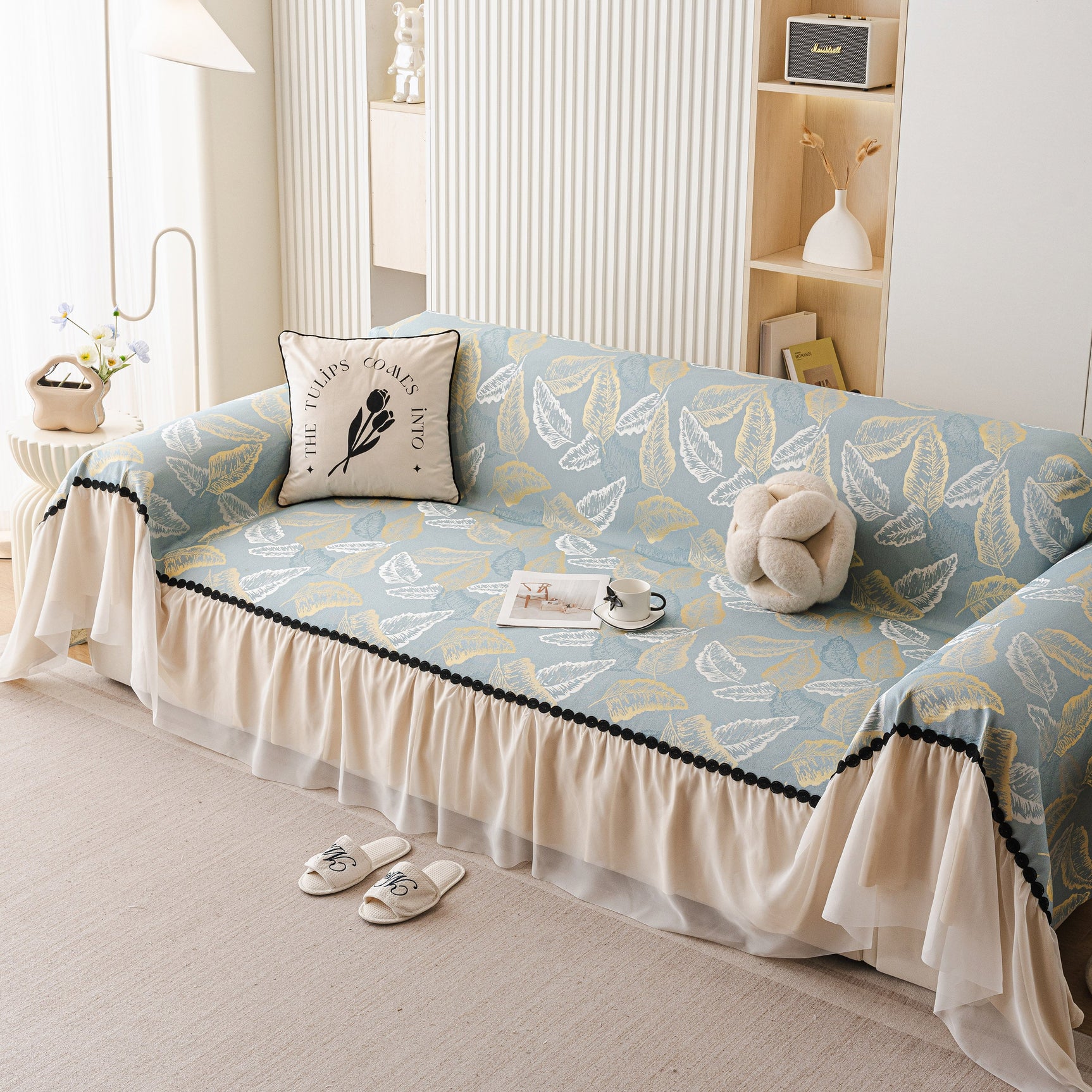 Leaf Jacquard Sofa Cover with Ruffle Skirt – Non-Slip Couch Protector with Sheer Hem - Ornate Home