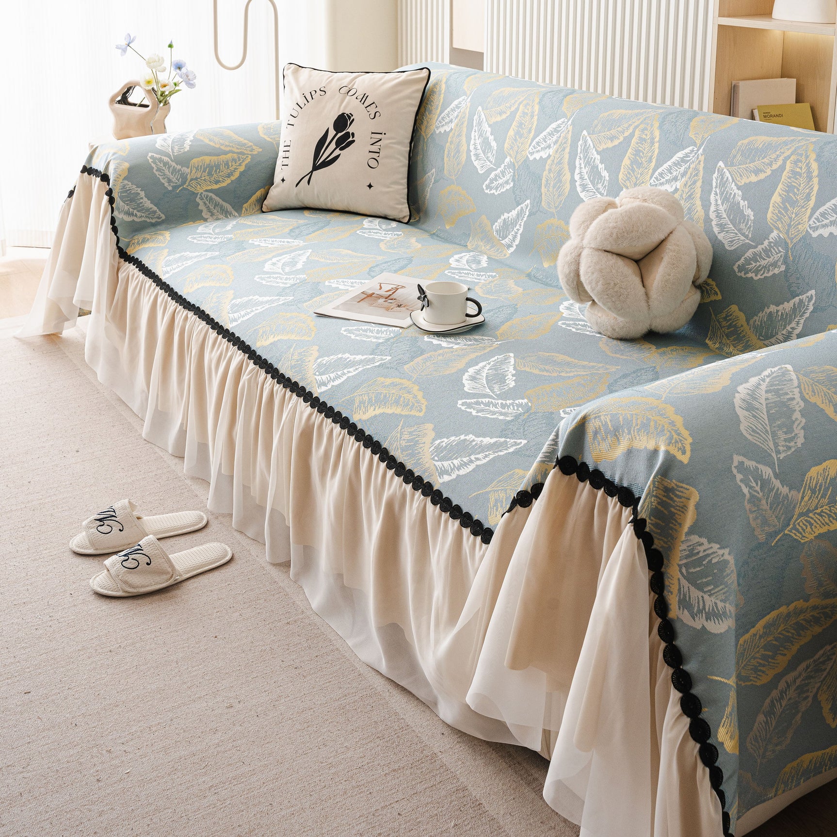Leaf Jacquard Sofa Cover with Ruffle Skirt – Non-Slip Couch Protector with Sheer Hem - Ornate Home