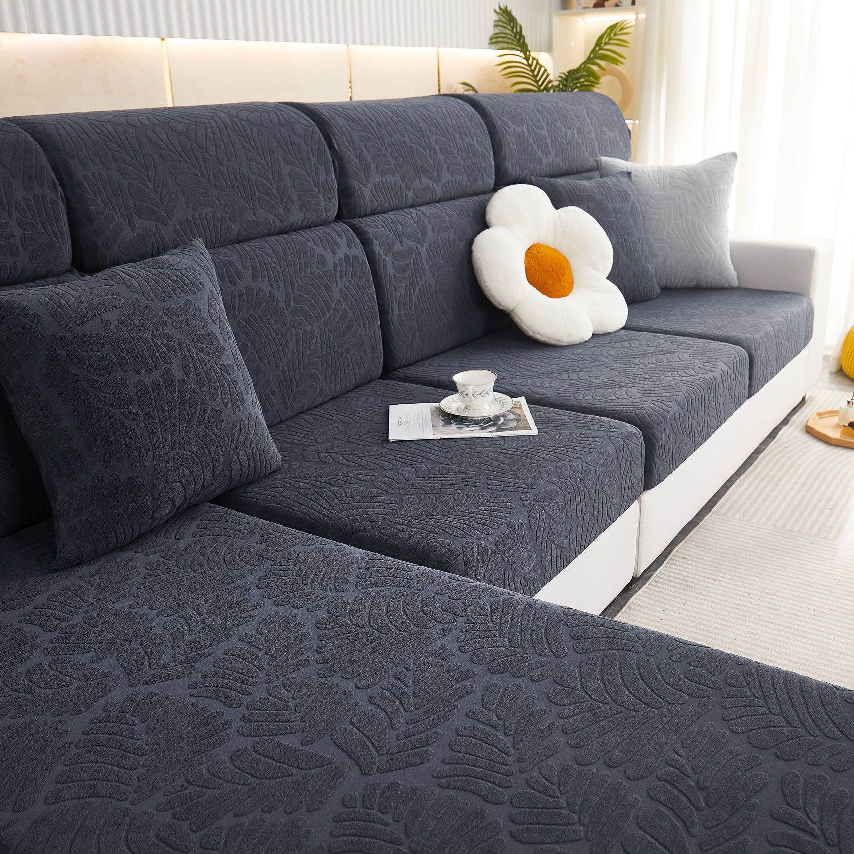 Leaf Pattern Jacquard Fabric Stretchable Cushion Cover, Non-Slip Furniture Protector for Kids, L Shaped Couch Covers - Ornate Home