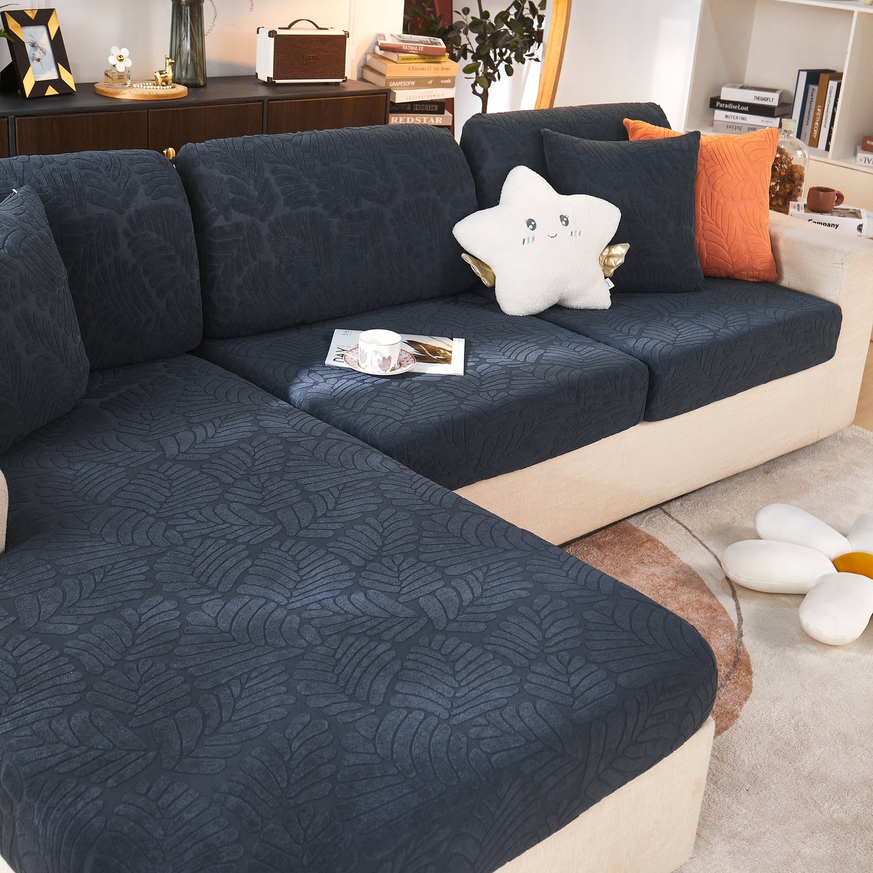 Leaf Pattern Jacquard Fabric Stretchable Cushion Cover, Non-Slip Furniture Protector for Kids, L Shaped Couch Covers - Ornate Home