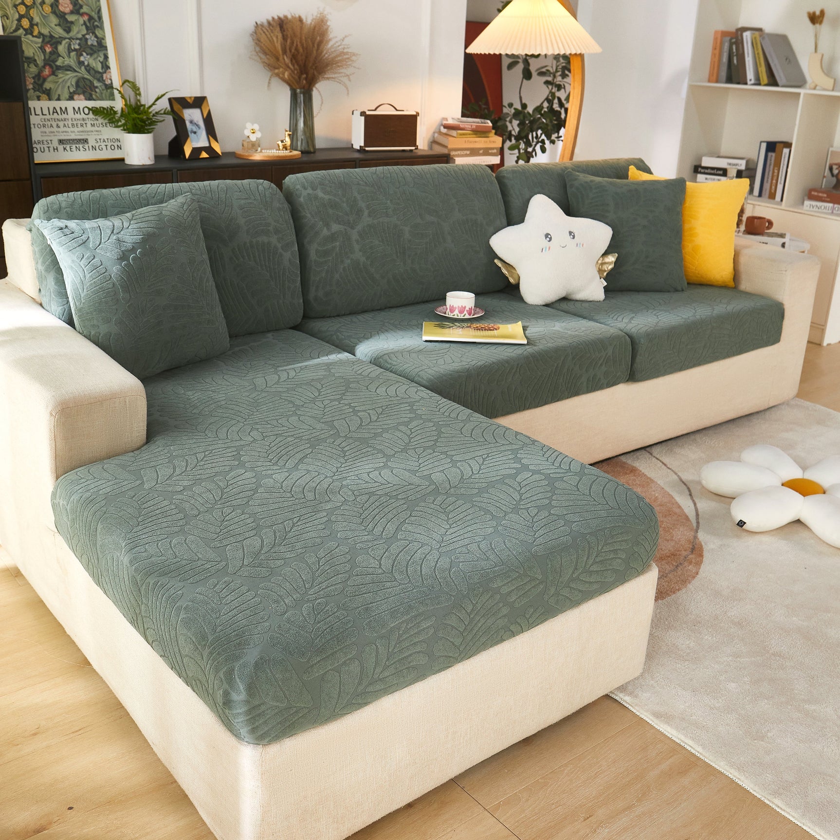 Leaf Pattern Jacquard Fabric Stretchable Cushion Cover, Non-Slip Furniture Protector for Kids, L Shaped Couch Covers - Ornate Home