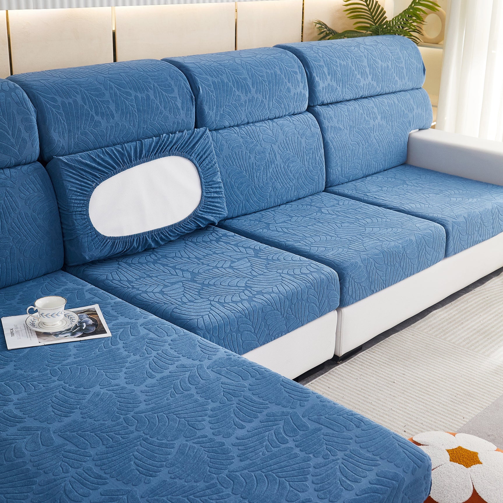 Leaf Pattern Jacquard Fabric Stretchable Cushion Cover, Non-Slip Furniture Protector for Kids, L Shaped Couch Covers - Ornate Home