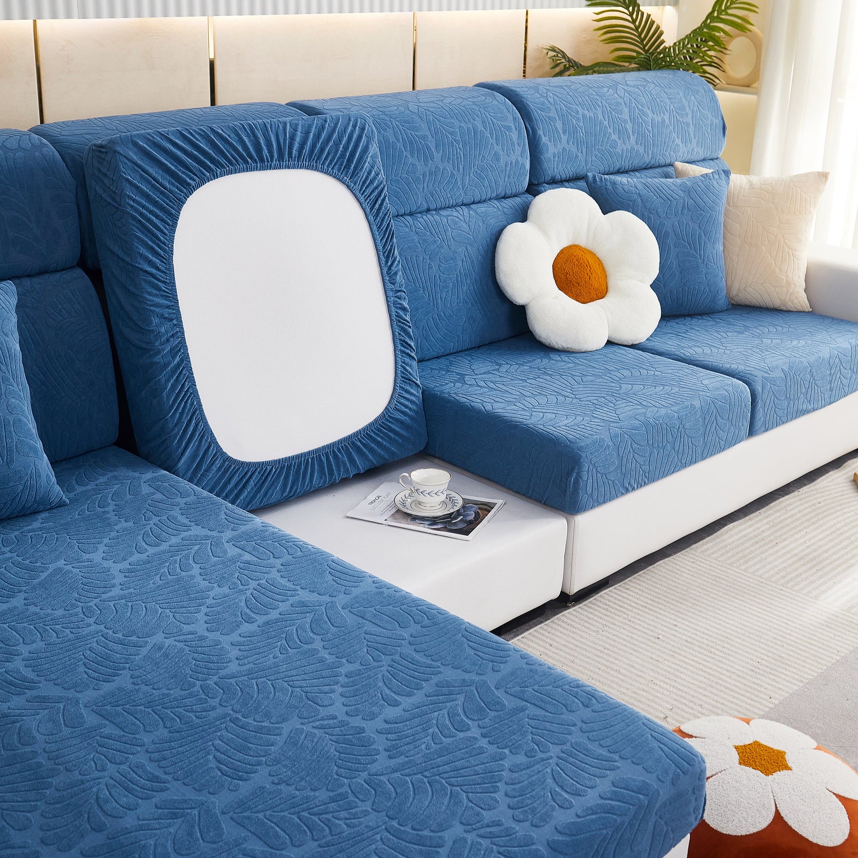 Leaf Pattern Jacquard Fabric Stretchable Cushion Cover, Non-Slip Furniture Protector for Kids, L Shaped Couch Covers - Ornate Home