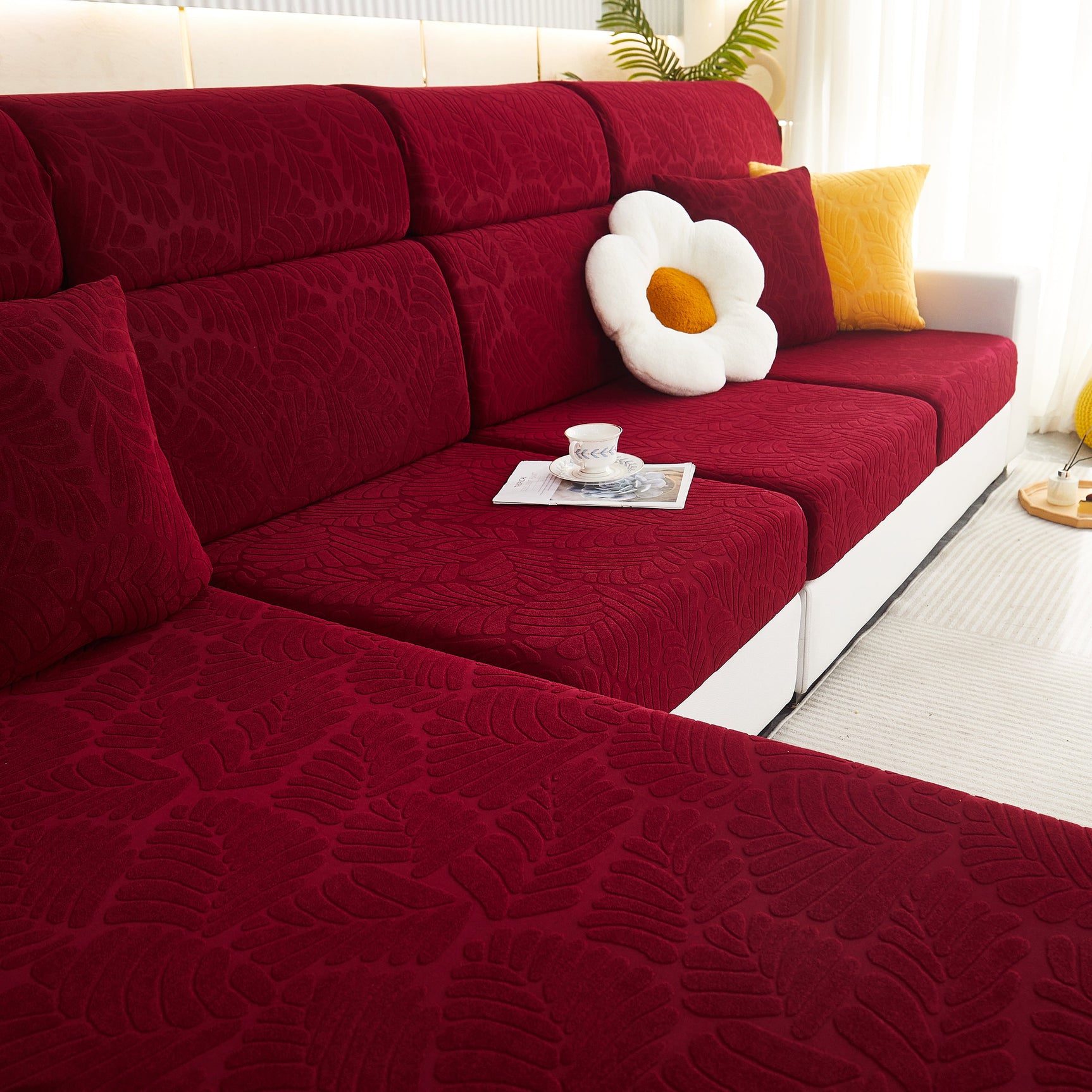 Leaf Pattern Jacquard Fabric Stretchable Cushion Cover, Non-Slip Furniture Protector for Kids, L Shaped Couch Covers - Ornate Home