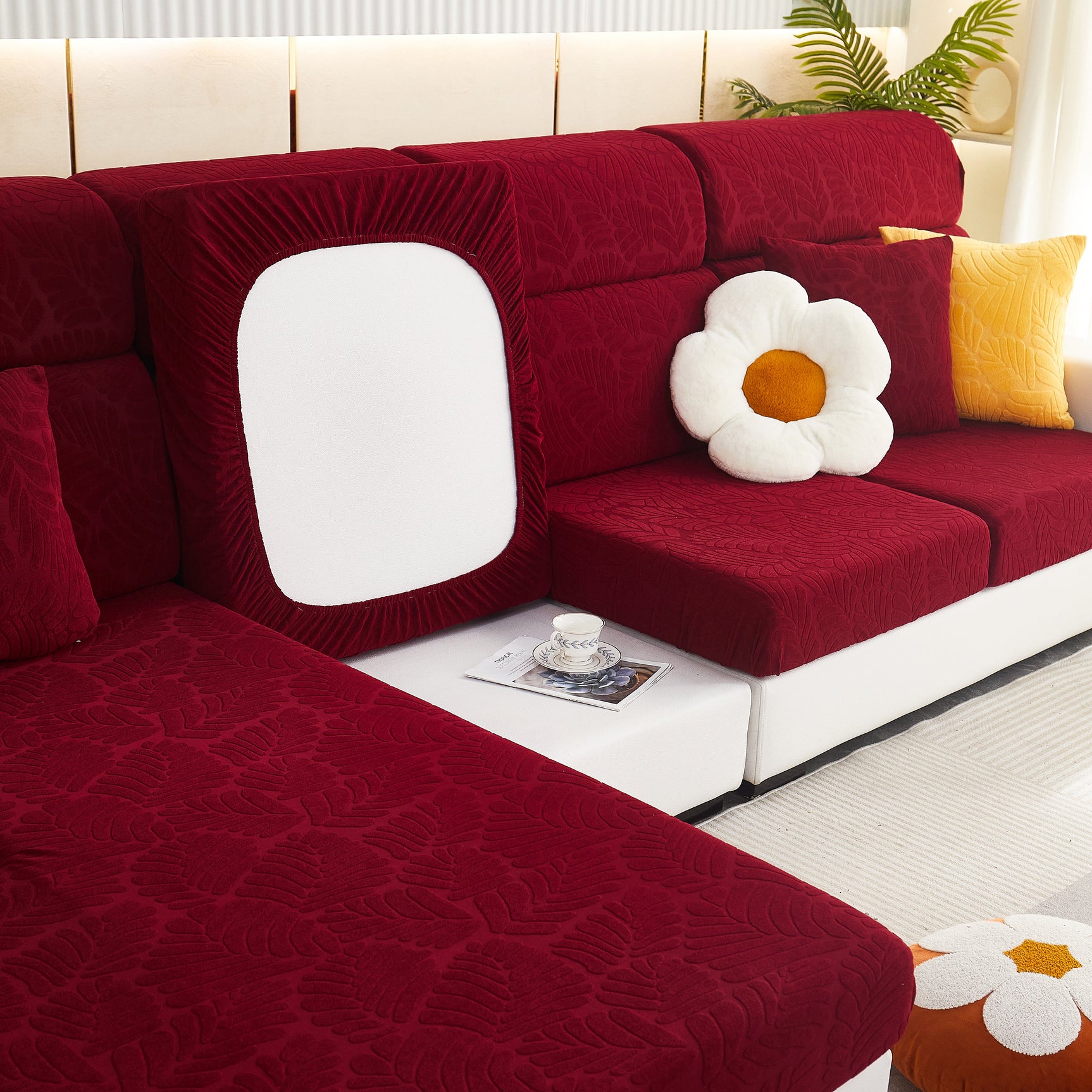 Leaf Pattern Jacquard Fabric Stretchable Cushion Cover, Non-Slip Furniture Protector for Kids, L Shaped Couch Covers - Ornate Home