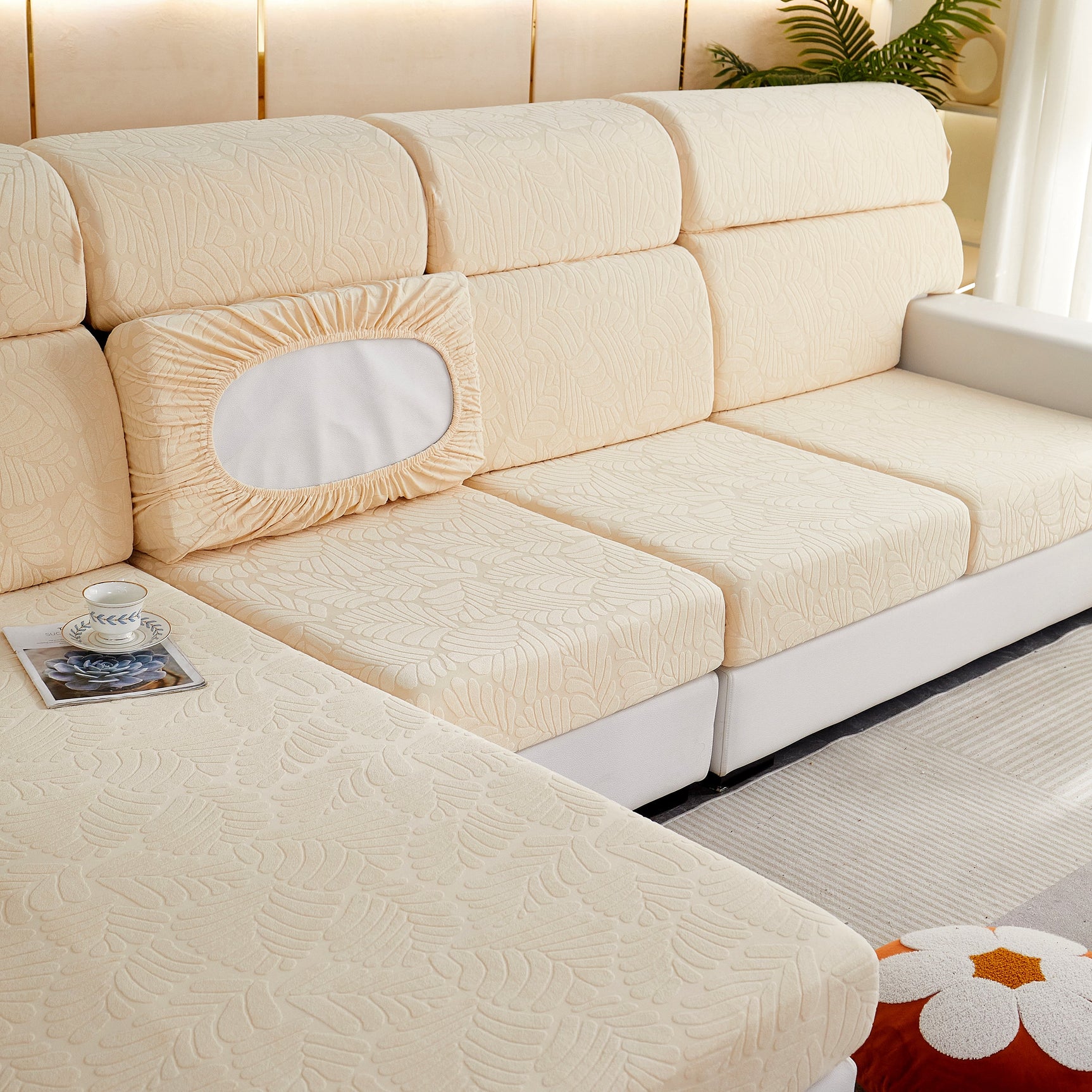 Leaf Pattern Jacquard Fabric Stretchable Cushion Cover, Non-Slip Furniture Protector for Kids, L Shaped Couch Covers - Ornate Home