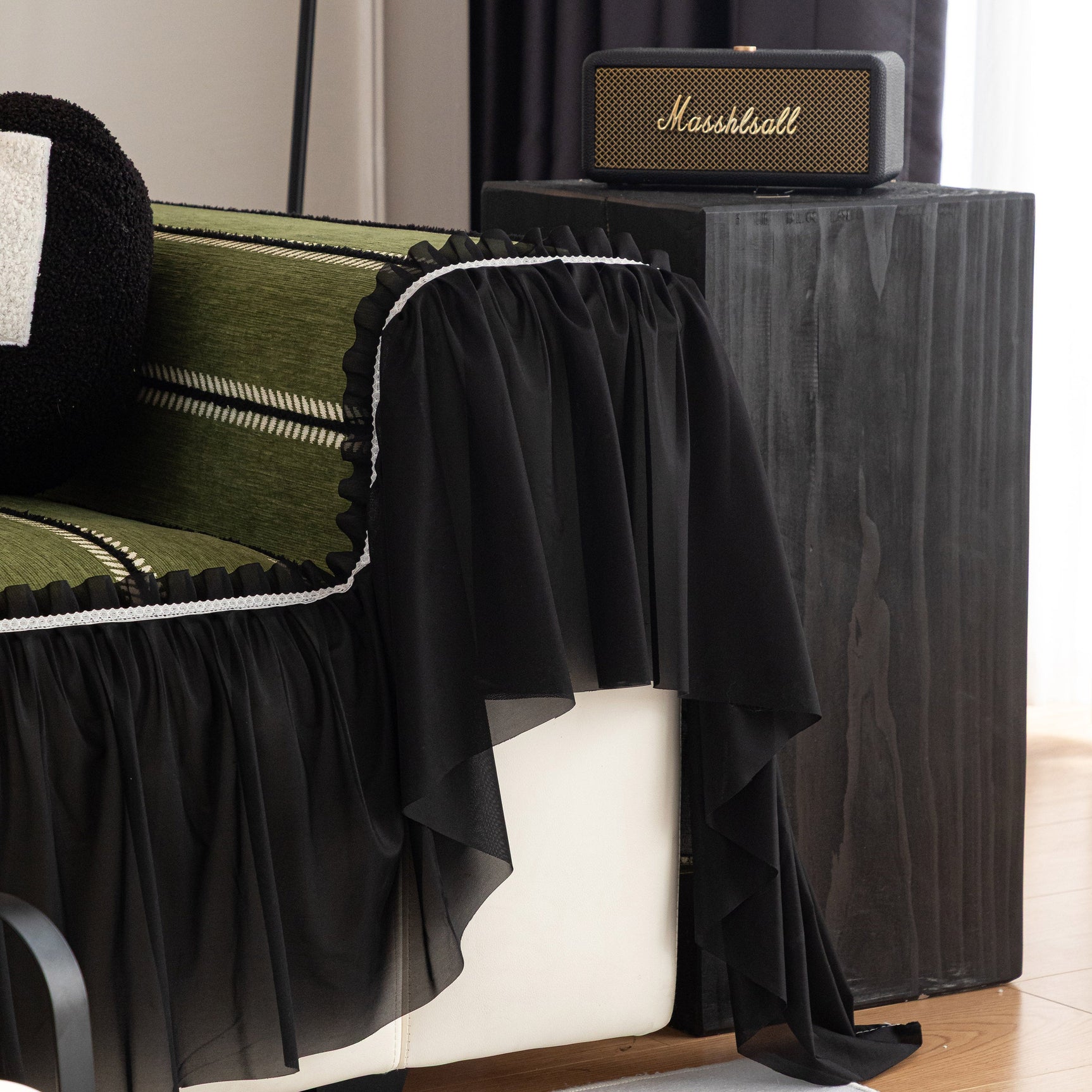 Leaf Stripe Sofa Cover with Black Sheer Skirt, Boho Soft Couch Slipcover for Pets - Ornate Home