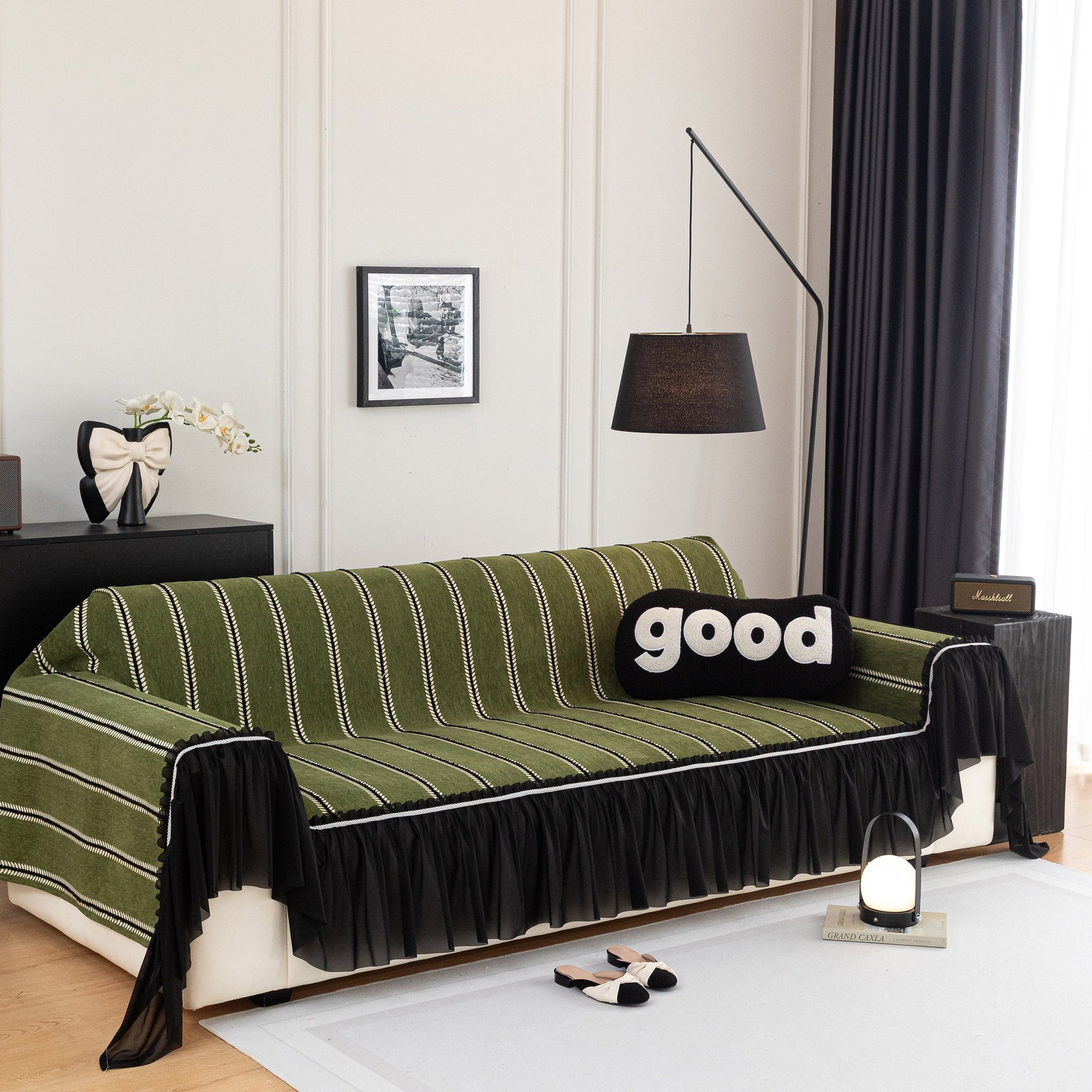 Leaf Stripe Sofa Cover with Black Sheer Skirt, Boho Soft Couch Slipcover for Pets - Ornate Home