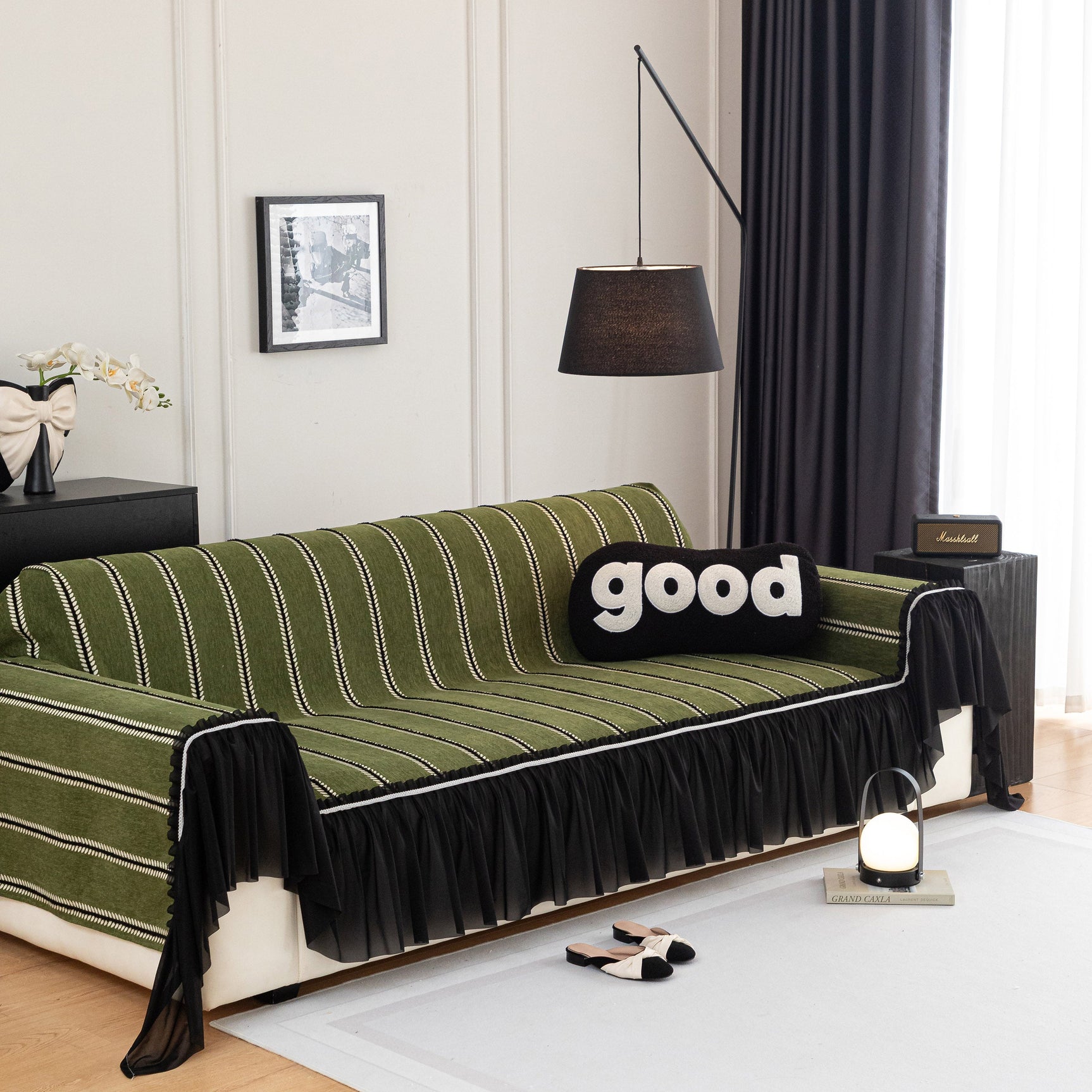 Leaf Stripe Sofa Cover with Black Sheer Skirt, Boho Soft Couch Slipcover for Pets - Ornate Home