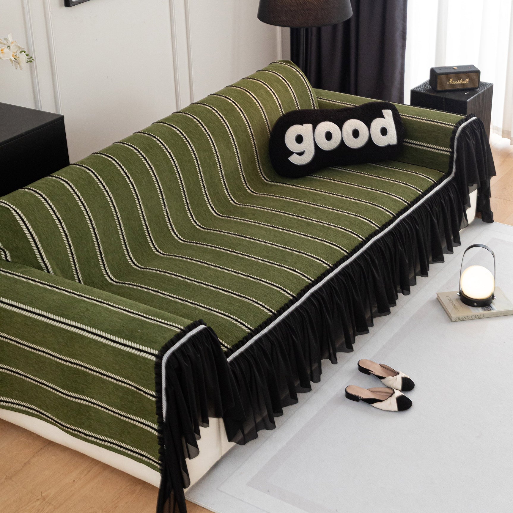 Leaf Stripe Sofa Cover with Black Sheer Skirt, Boho Soft Couch Slipcover for Pets - Ornate Home