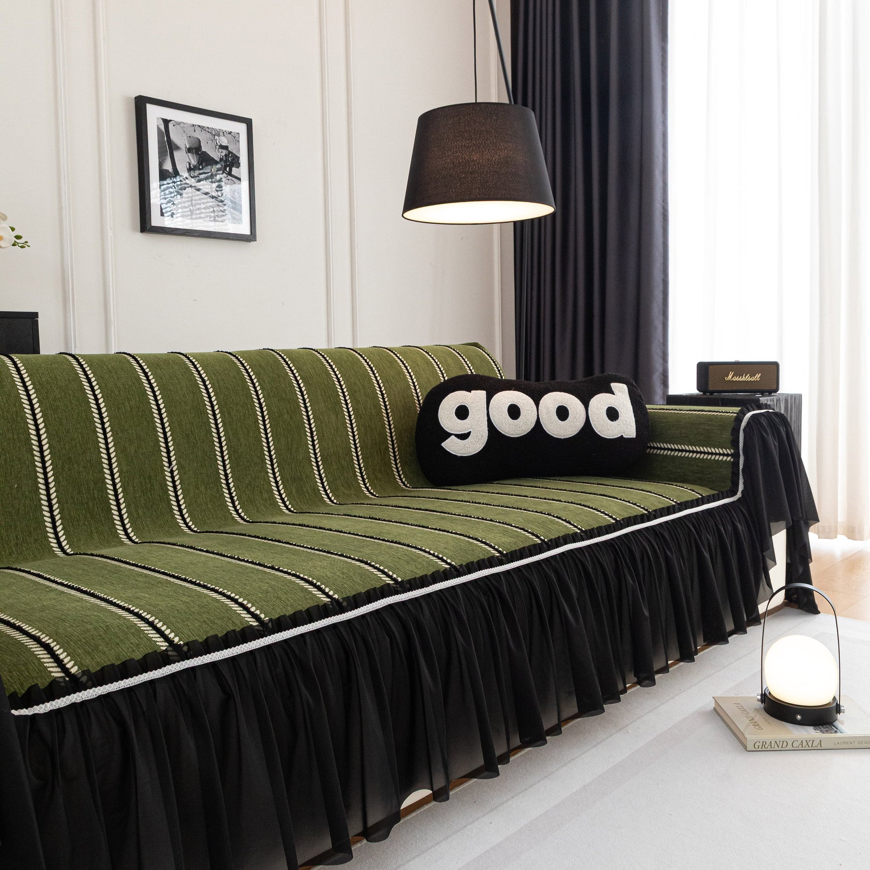 Leaf Stripe Sofa Cover with Black Sheer Skirt, Boho Soft Couch Slipcover for Pets - Ornate Home