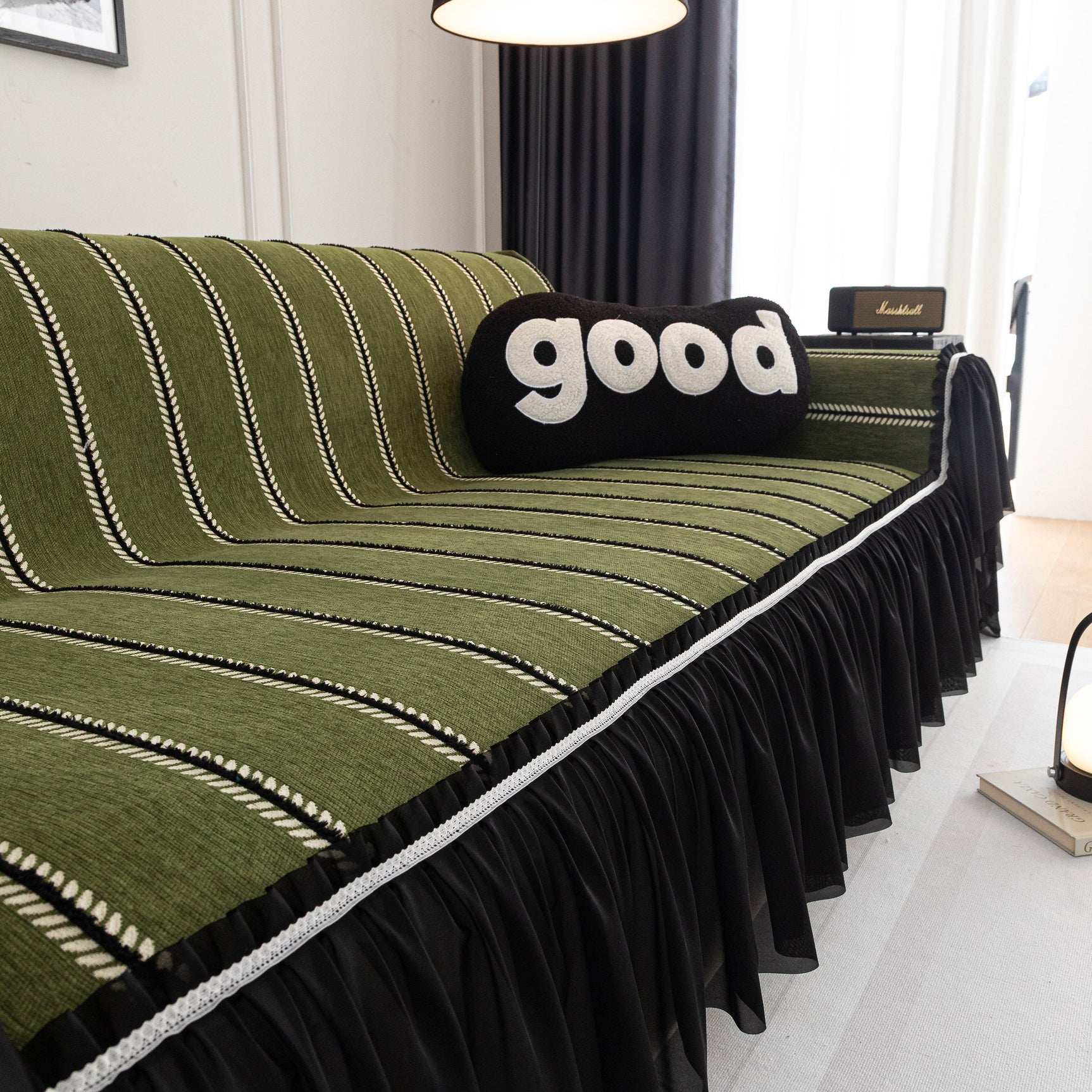 Leaf Stripe Sofa Cover with Black Sheer Skirt, Boho Soft Couch Slipcover for Pets - Ornate Home
