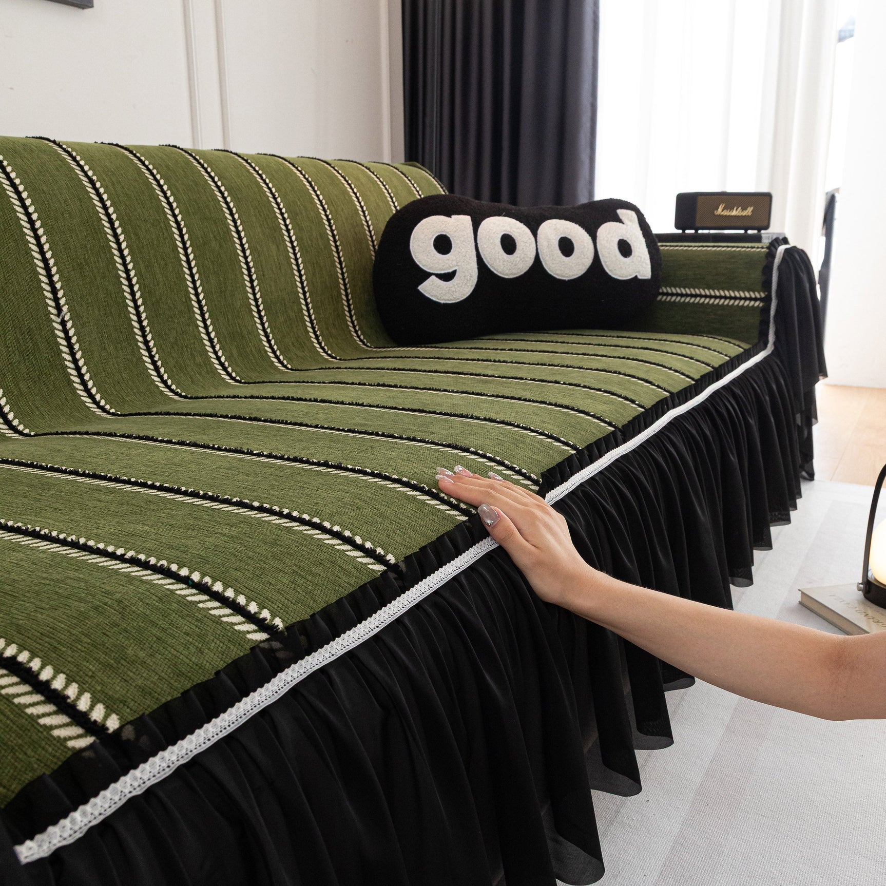Leaf Stripe Sofa Cover with Black Sheer Skirt, Boho Soft Couch Slipcover for Pets - Ornate Home