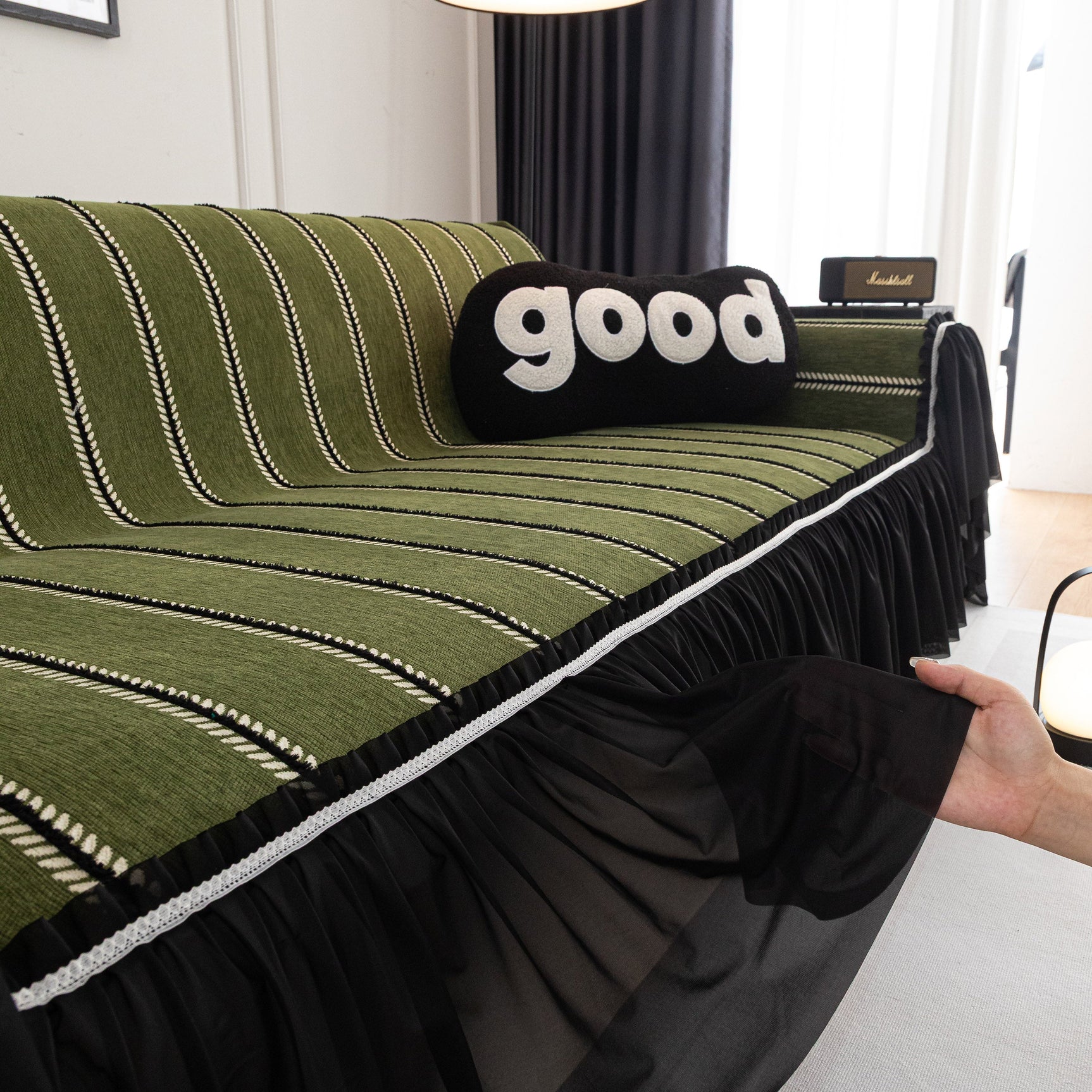 Leaf Stripe Sofa Cover with Black Sheer Skirt, Boho Soft Couch Slipcover for Pets - Ornate Home
