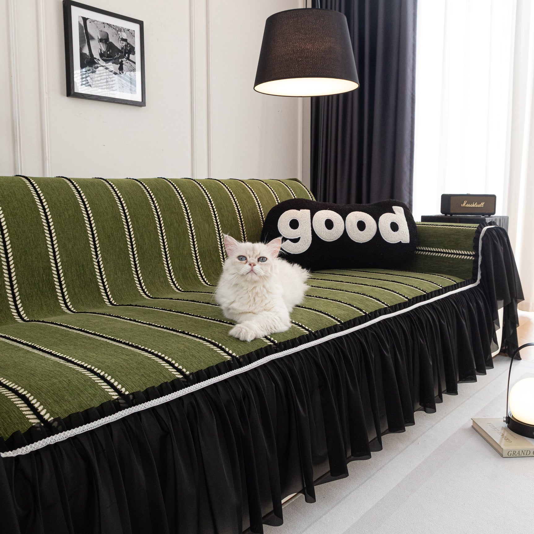 Leaf Stripe Sofa Cover with Black Sheer Skirt, Boho Soft Couch Slipcover for Pets - Ornate Home