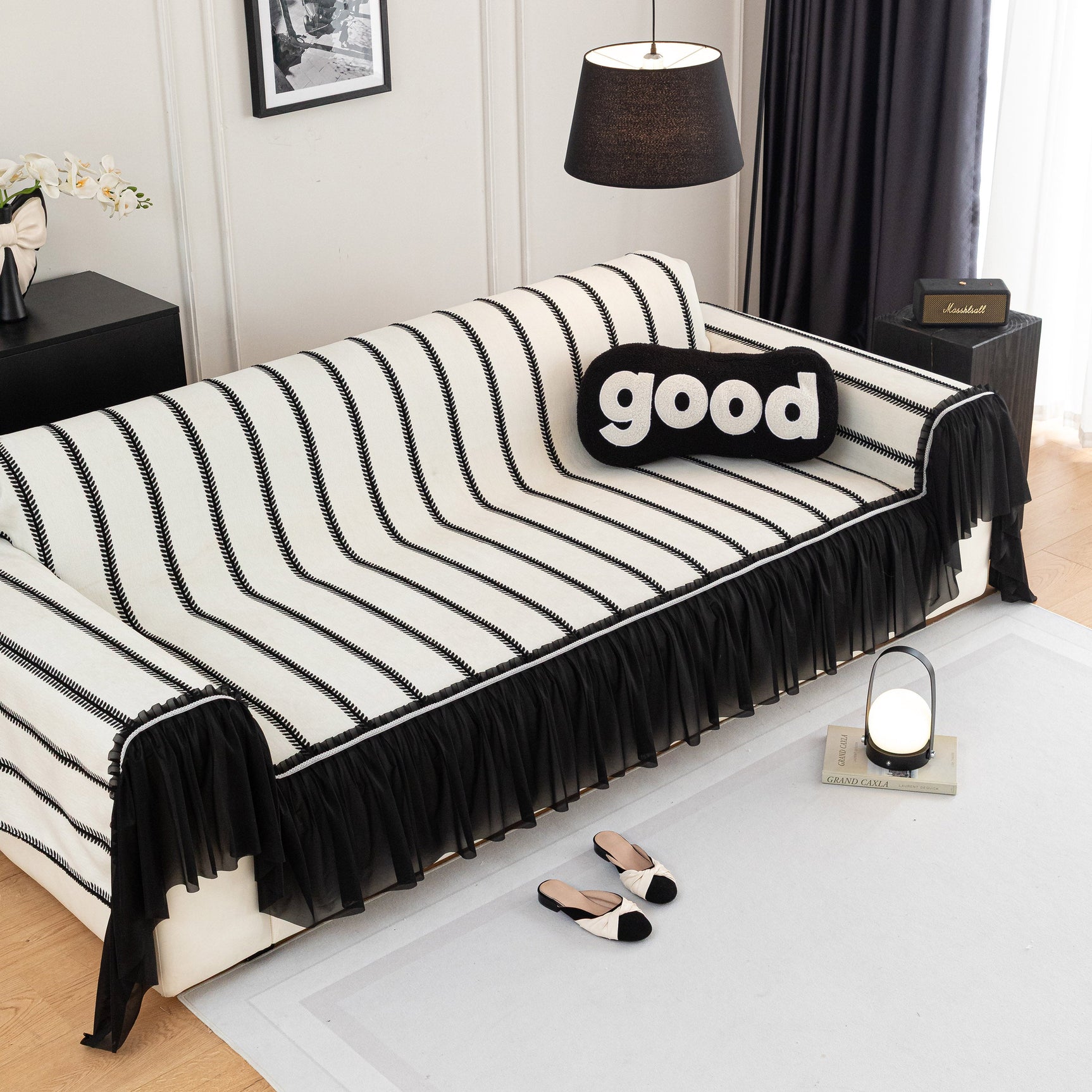 Leaf Stripe Sofa Cover with Black Sheer Skirt, Boho Soft Couch Slipcover for Pets - Ornate Home