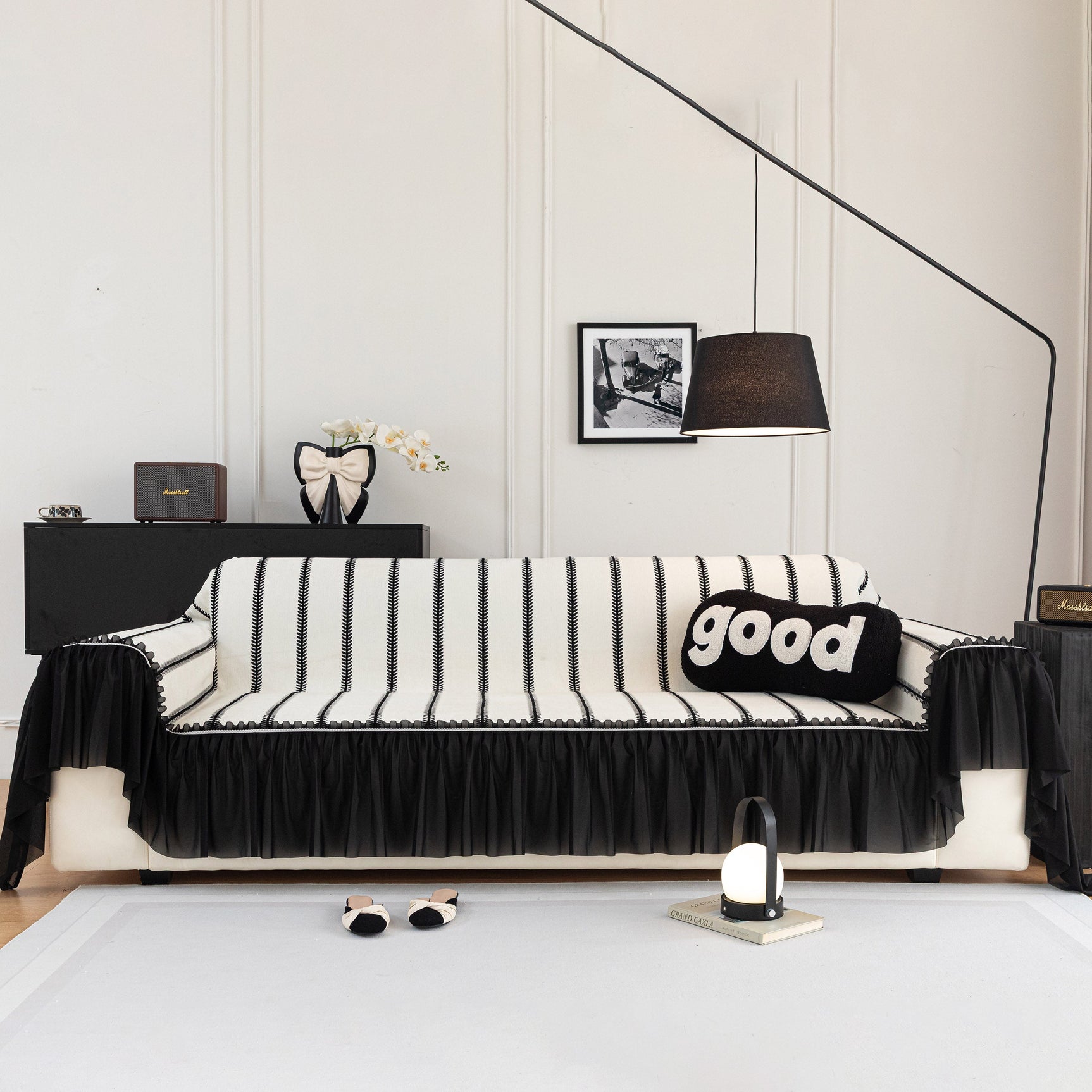 Leaf Stripe Sofa Cover with Black Sheer Skirt, Boho Soft Couch Slipcover for Pets - Ornate Home