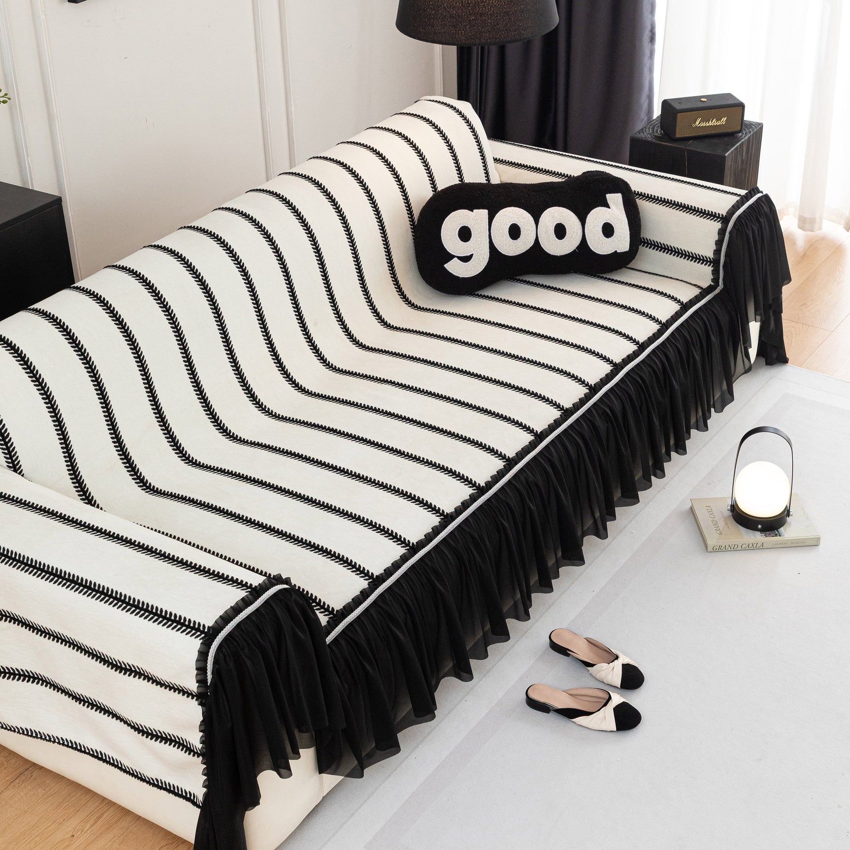 Leaf Stripe Sofa Cover with Black Sheer Skirt, Boho Soft Couch Slipcover for Pets - Ornate Home