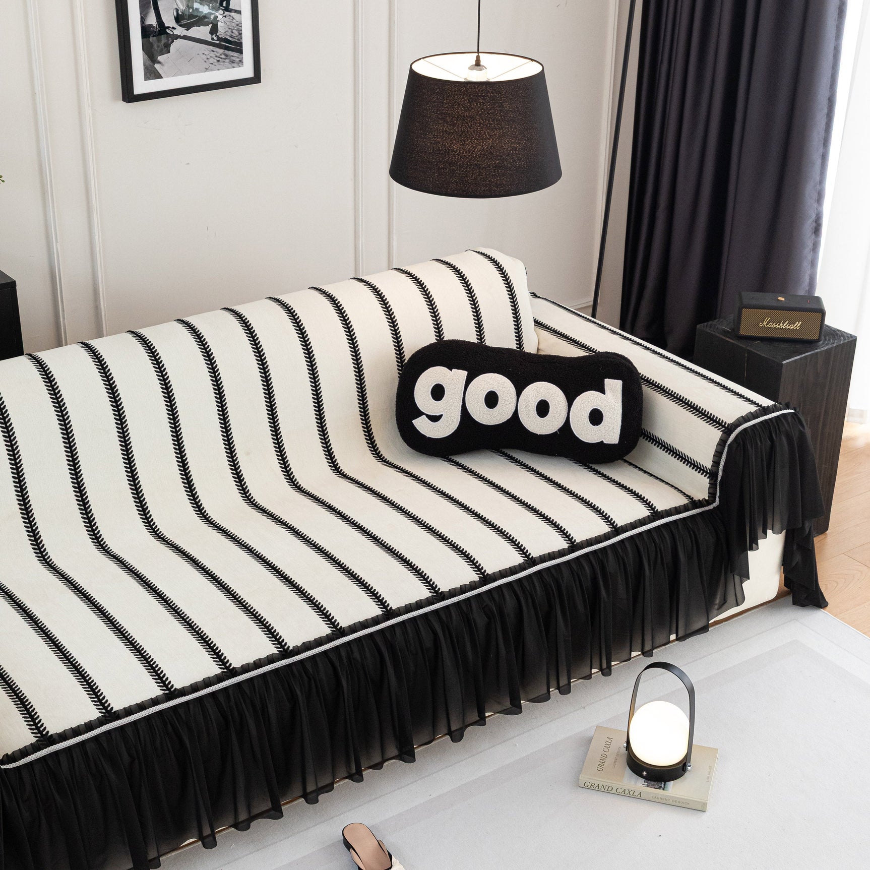 Leaf Stripe Sofa Cover with Black Sheer Skirt, Boho Soft Couch Slipcover for Pets - Ornate Home