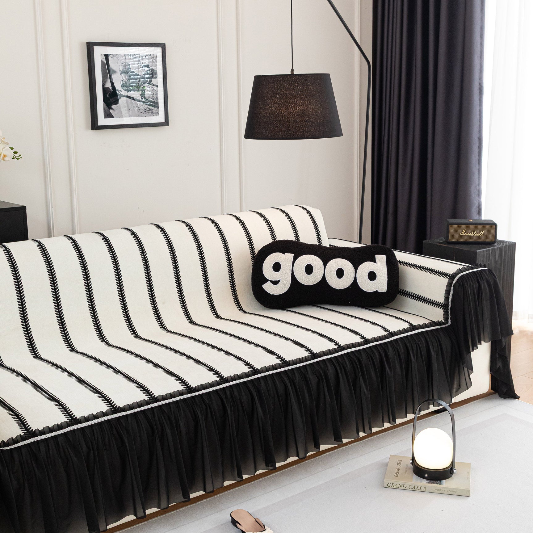 Leaf Stripe Sofa Cover with Black Sheer Skirt, Boho Soft Couch Slipcover for Pets - Ornate Home