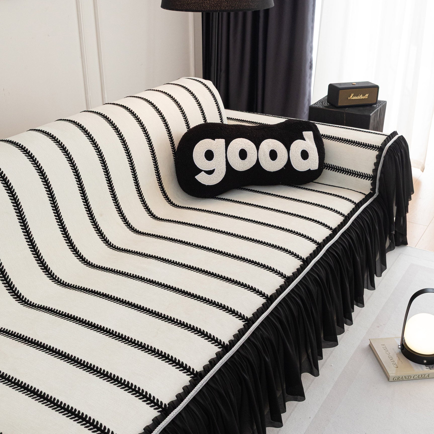 Leaf Stripe Sofa Cover with Black Sheer Skirt, Boho Soft Couch Slipcover for Pets - Ornate Home