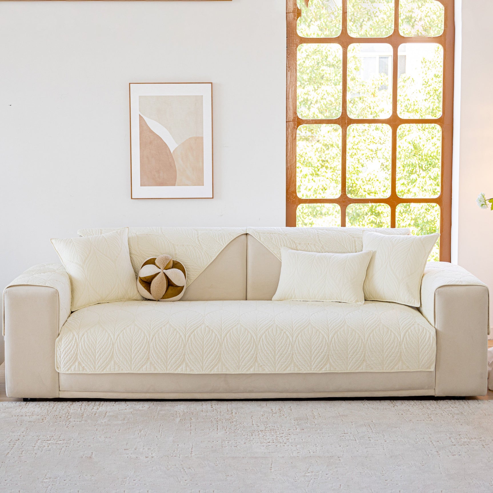 Leaf Vein Textured Cotton Quilted Sofa Slipcover, Non-Slip Modular Couch Covers - Ornate Home