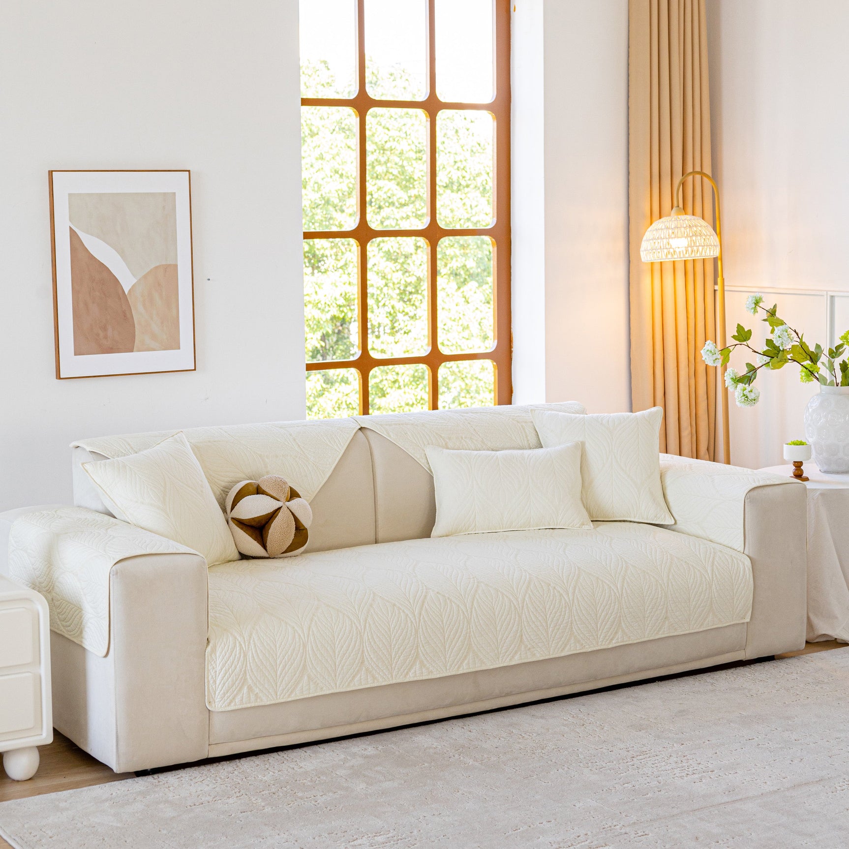 Leaf Vein Textured Cotton Quilted Sofa Slipcover, Non-Slip Modular Couch Covers - Ornate Home