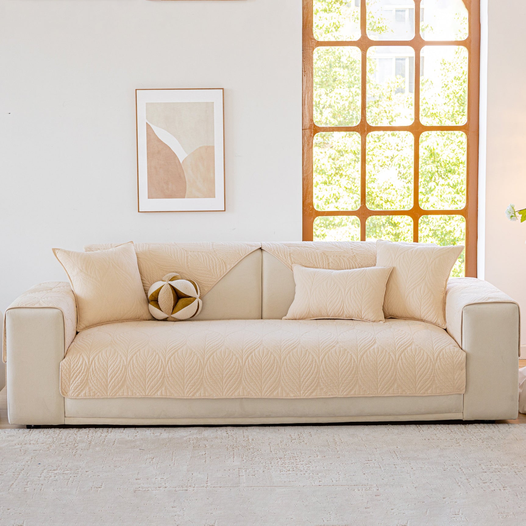 Leaf Vein Textured Cotton Quilted Sofa Slipcover, Non-Slip Modular Couch Covers - Ornate Home