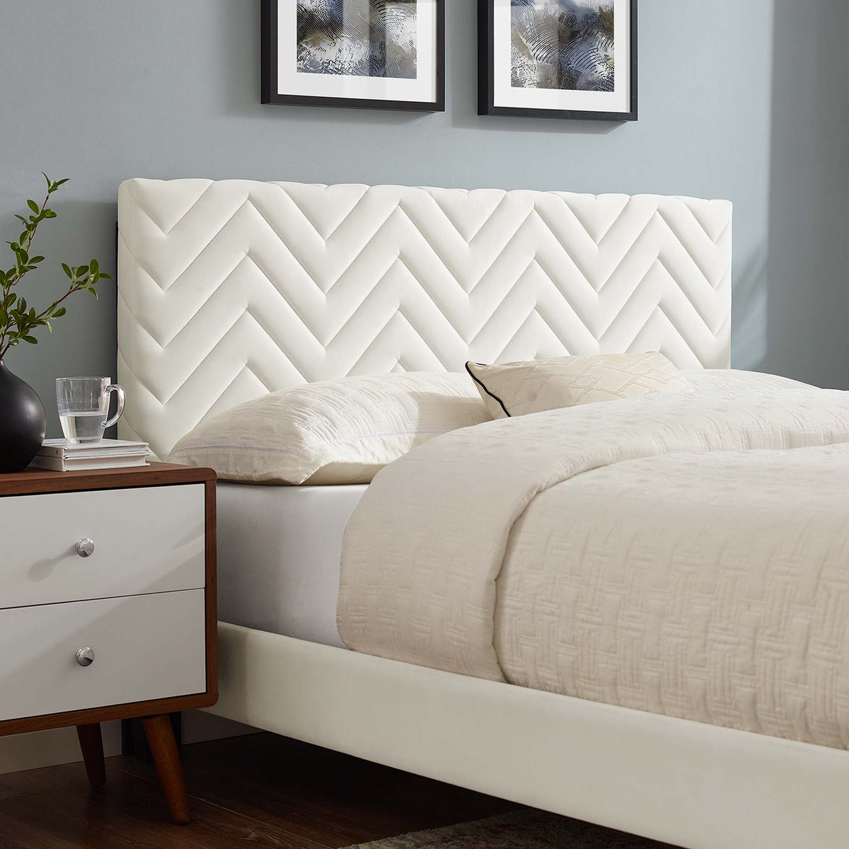 Leah White Tapered Wood Leg Chevron Tufted Performance Velvet Queen Platform Bed - Ornate Home