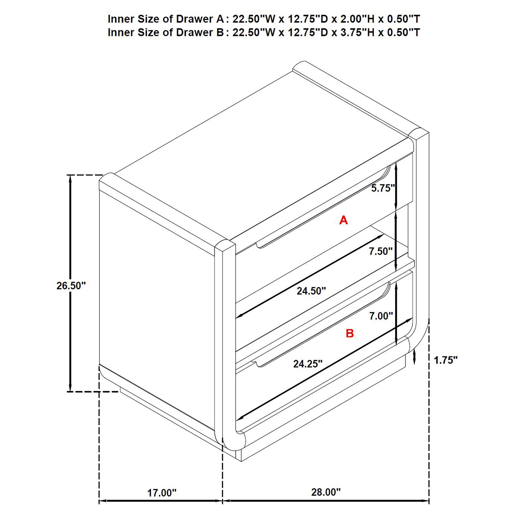 Leandro Burnished Black 2-drawer LED Nightstand with USB - Ornate Home
