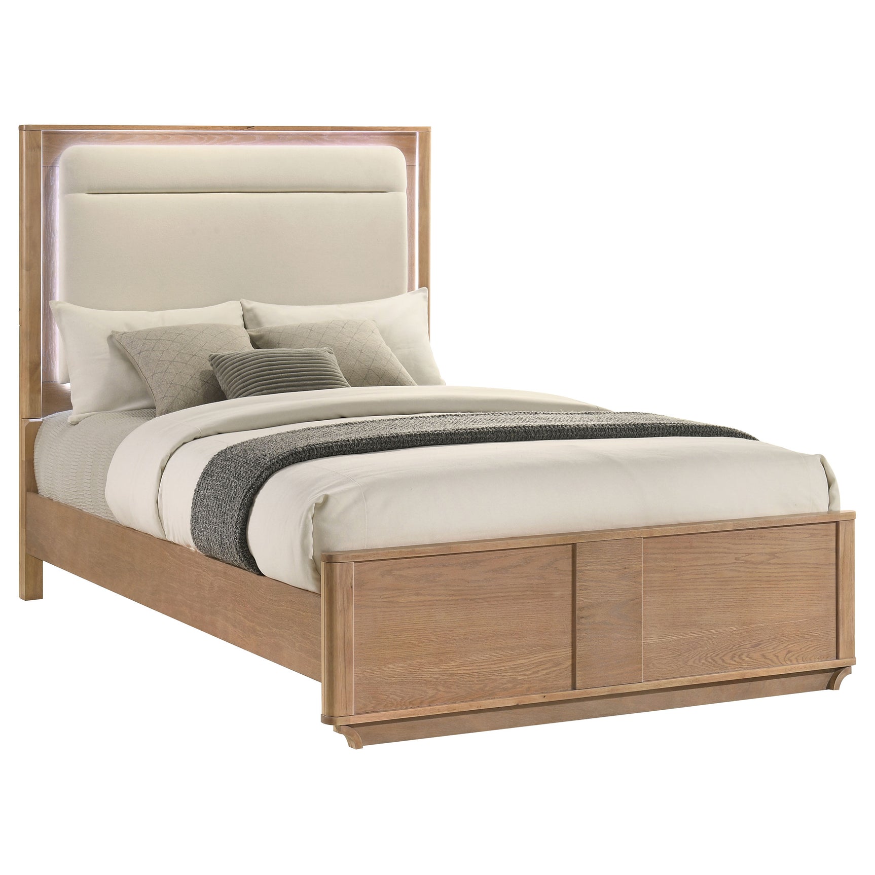 Leanne Off White/Light Oak Queen LED Panel Bed - Ornate Home